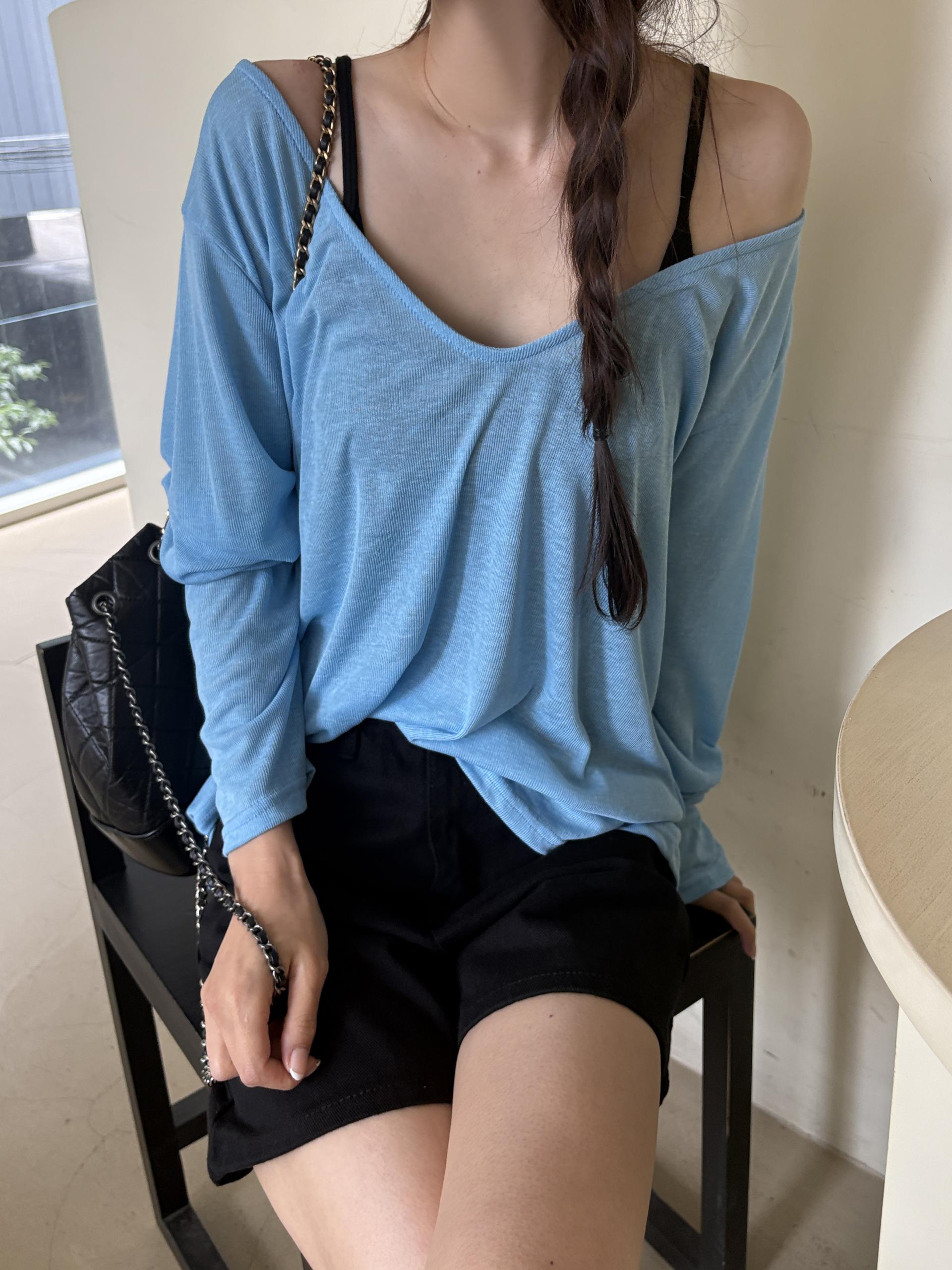 썸머 파스텔 딥 브이넥 루즈핏 레이어드 살안타 긴팔 티셔츠 | 6color