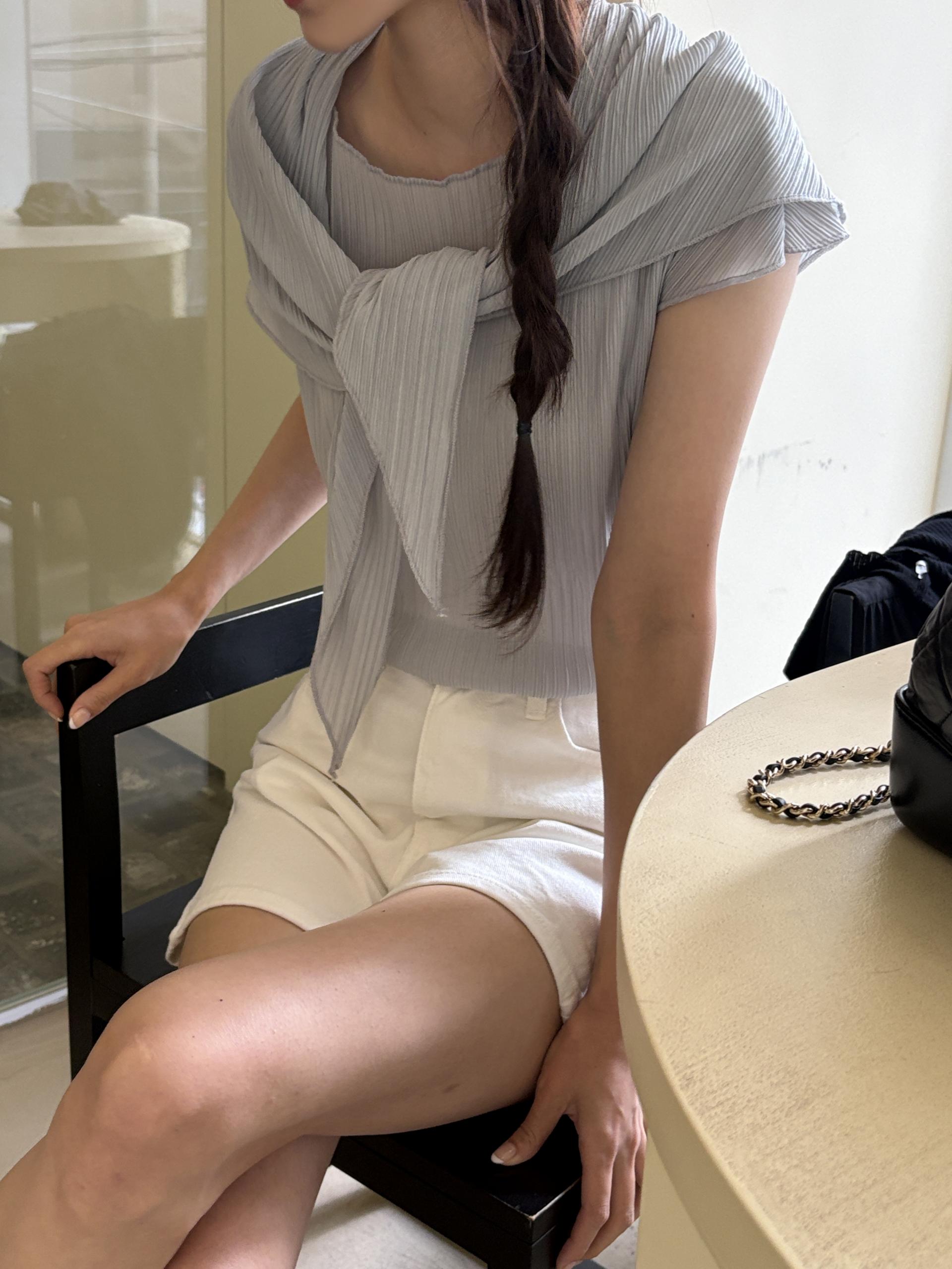 플리츠 스카프 숄 세트 보트넥 여름 캡소매 블라우스 | 4color