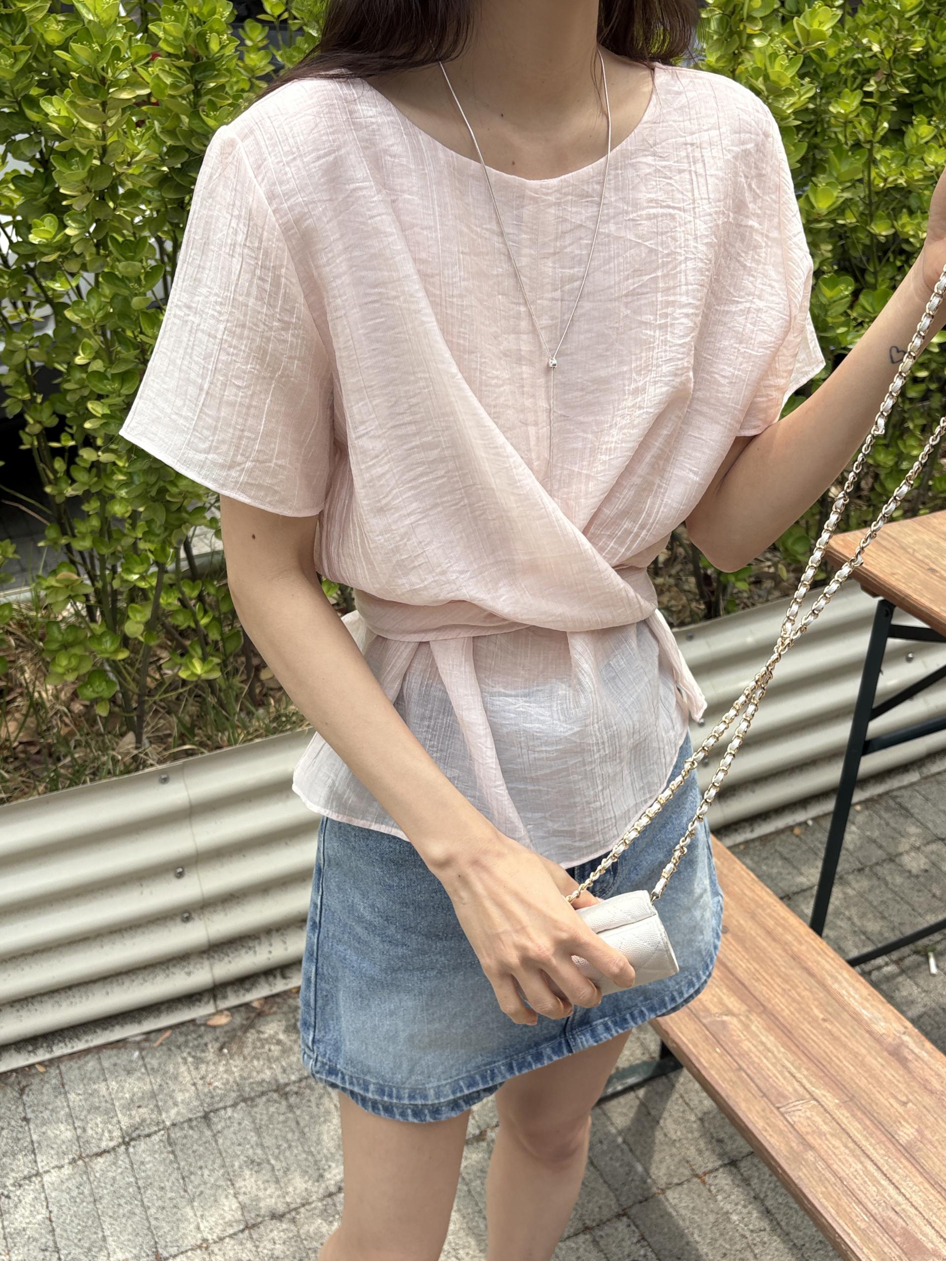 텐셀 파스텔 허리 라인 셔링 랩 꼬임 여름 블라우스 | 4color