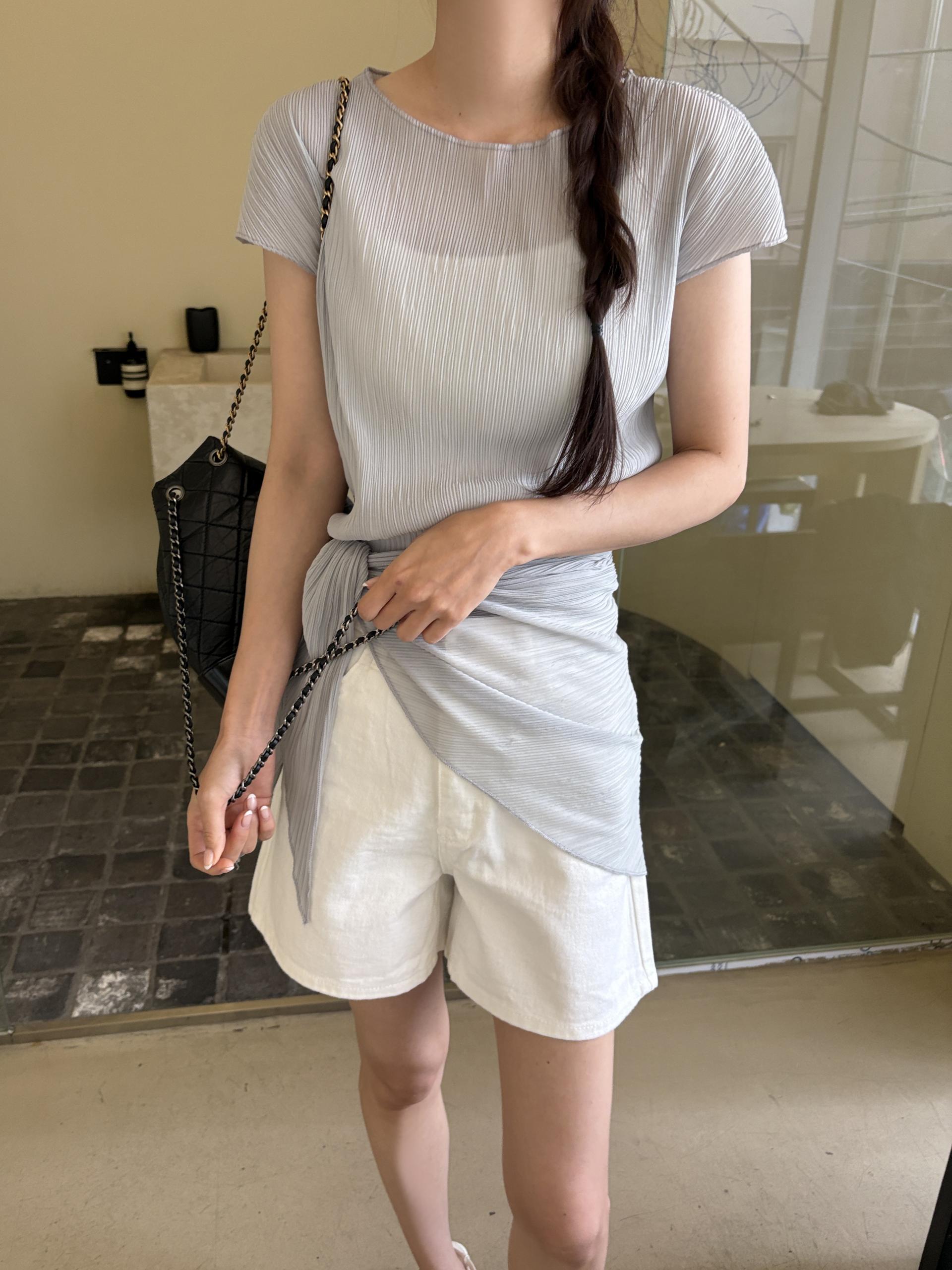 플리츠 스카프 숄 세트 보트넥 여름 캡소매 블라우스 | 4color