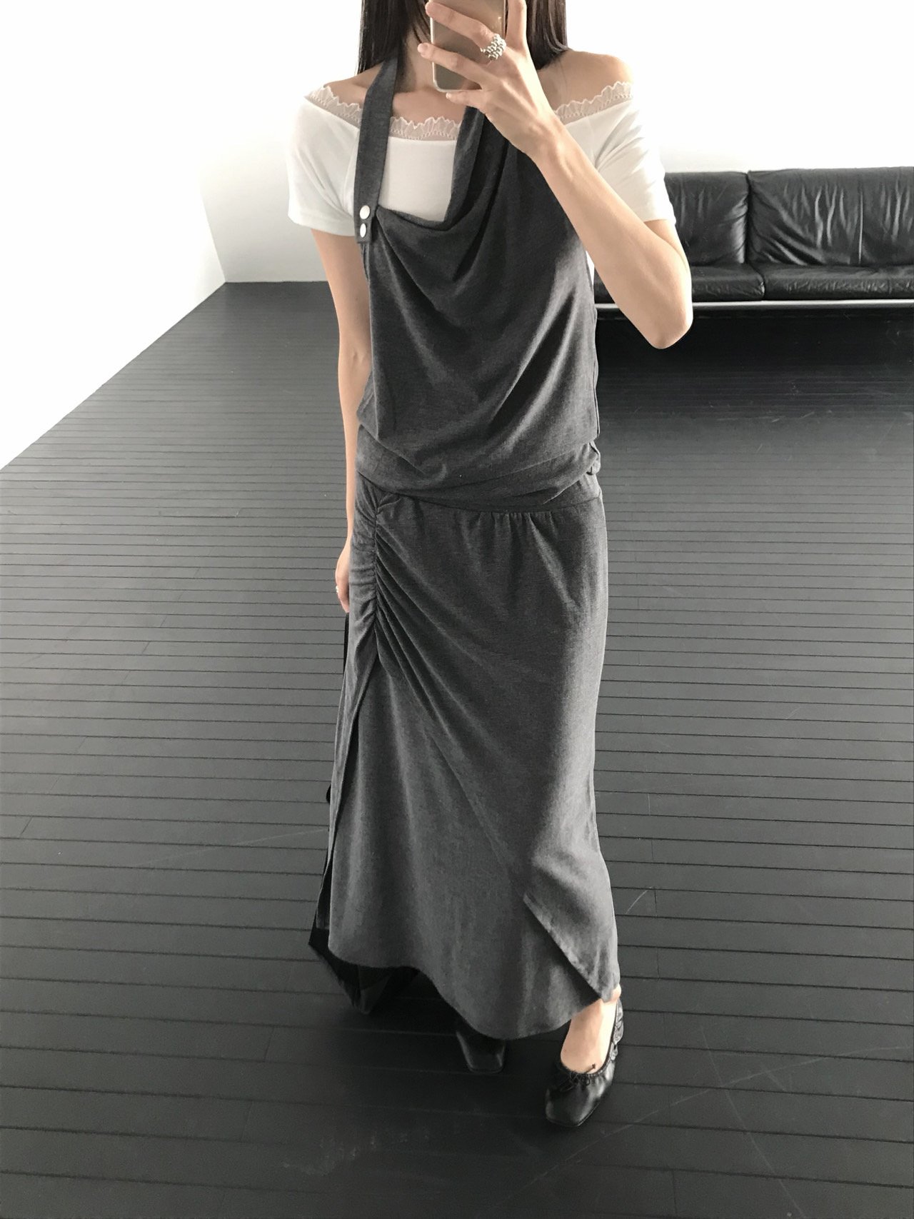 마크 언발란스 셔링 트임 밴딩 여성 여름 레이어드 투피스 맥시 롱 스커트 (그레이, 차콜, 블랙)
