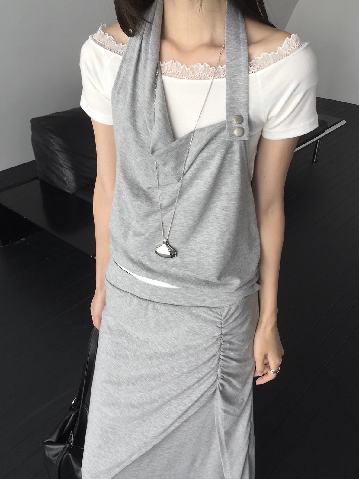 마크 언발란스 셔링 트임 밴딩 여성 여름 레이어드 투피스 맥시 롱 스커트 (그레이, 차콜, 블랙)