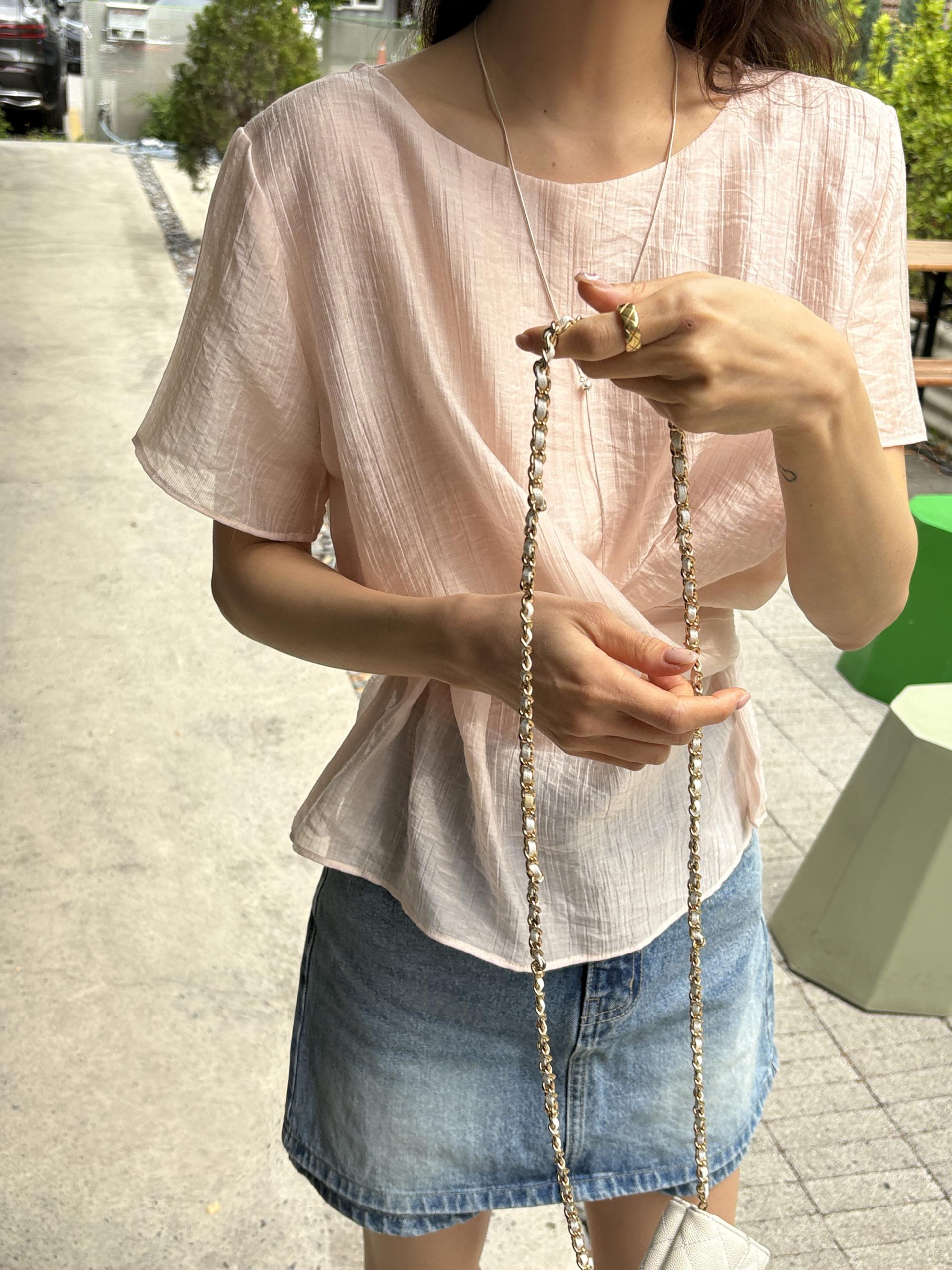 텐셀 파스텔 허리 라인 셔링 랩 꼬임 여름 블라우스 | 4color