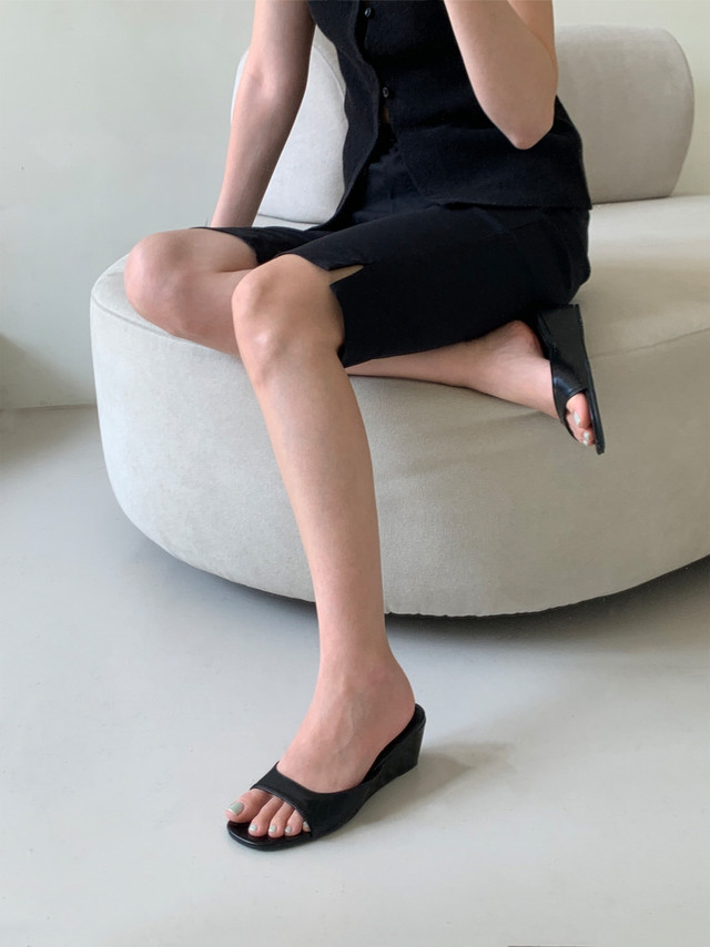 미니멀 토오픈 여름 6cm 미들 통굽 웨지 샌들 뮬힐 | 2color