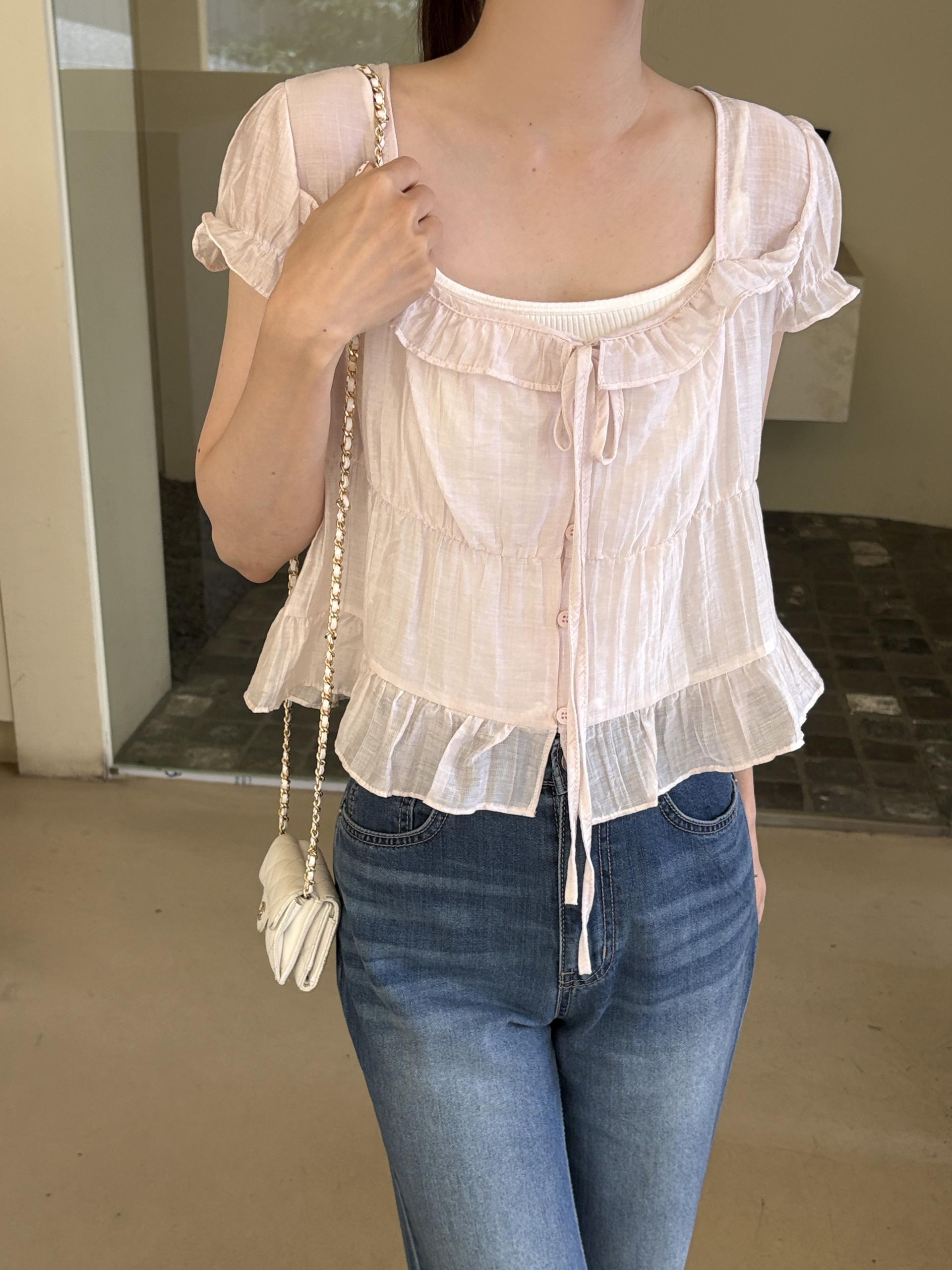 캉캉 시스루 스퀘어넥 프릴 리본 퍼프 여름 캡소매 블라우스 | 3color