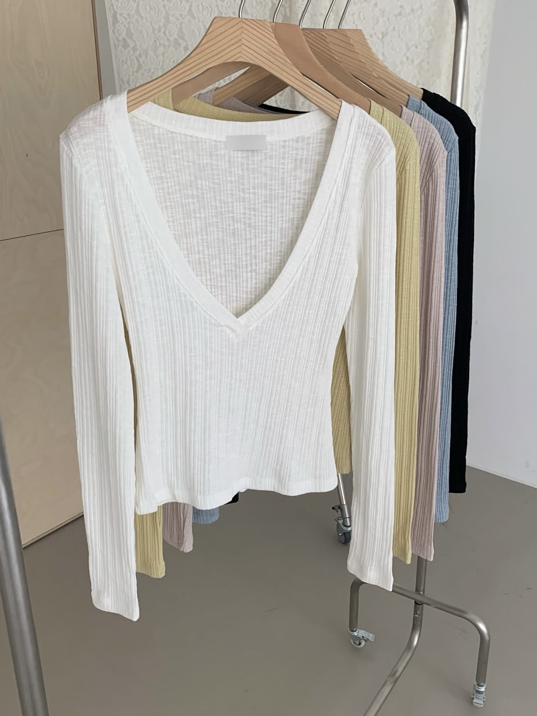 슬림 딥 브이넥 골지 가을 레이어드 긴팔 티셔츠 | 5color