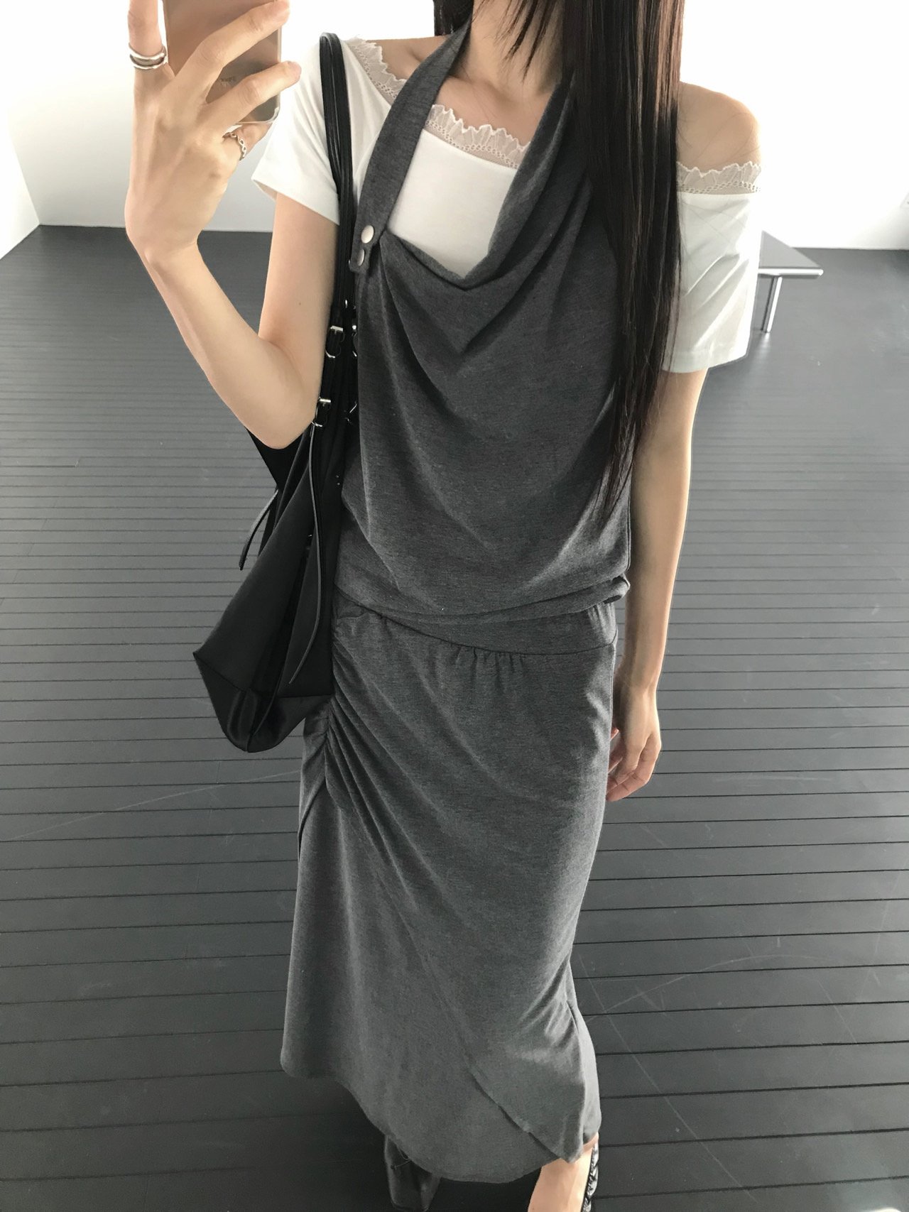 마크 언발란스 셔링 트임 밴딩 여성 여름 레이어드 투피스 맥시 롱 스커트 (그레이, 차콜, 블랙)