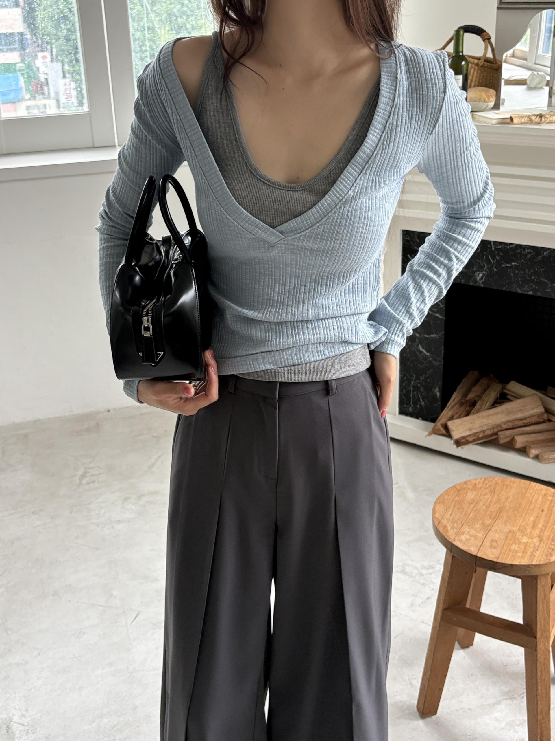 슬림 딥 브이넥 골지 가을 레이어드 긴팔 티셔츠 | 5color