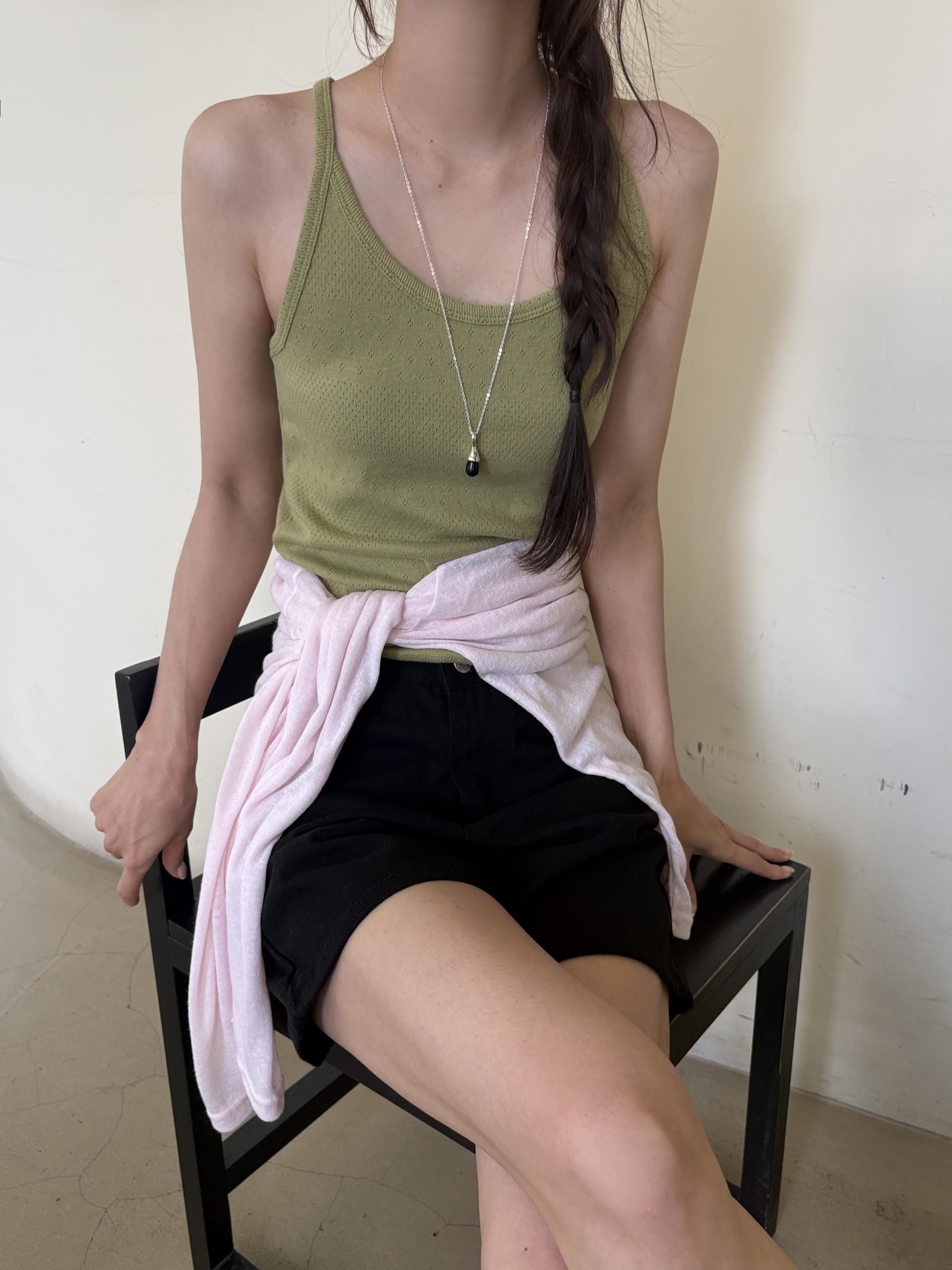 아일렛 펀칭 코튼 레이어드 여름 슬리브리스 티셔츠 | 4color