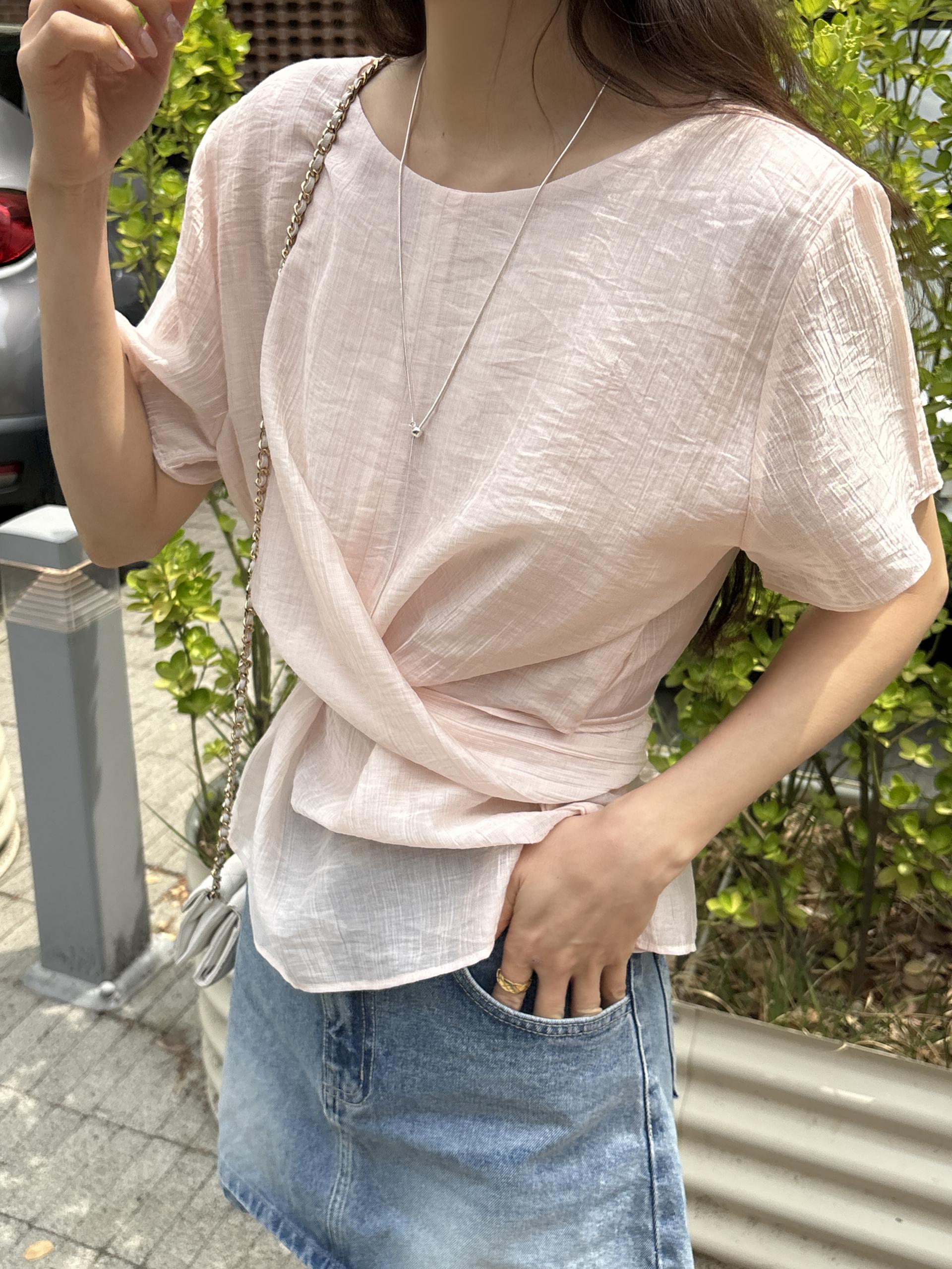 텐셀 파스텔 허리 라인 셔링 랩 꼬임 여름 블라우스 | 4color