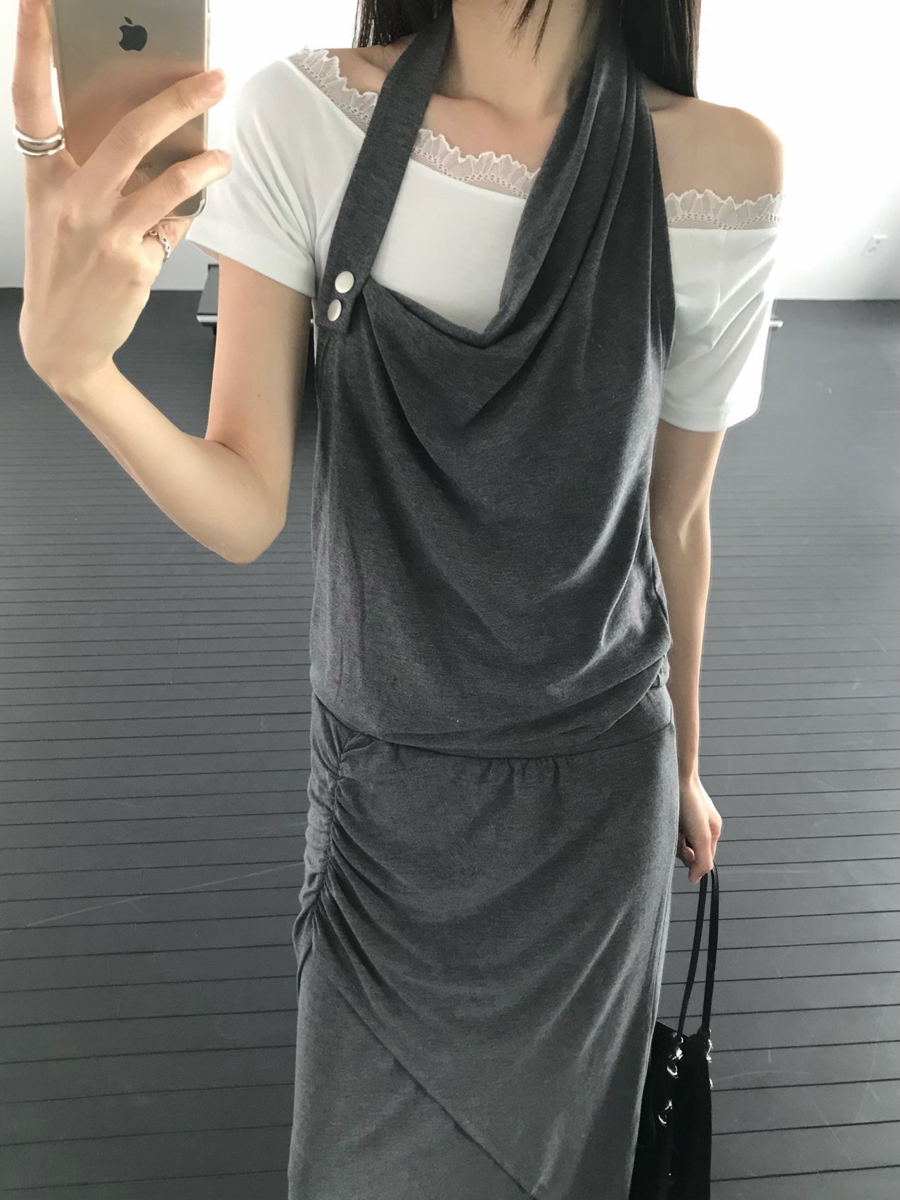 마크 언발란스 셔링 트임 밴딩 여성 여름 레이어드 투피스 맥시 롱 스커트 (그레이, 차콜, 블랙)