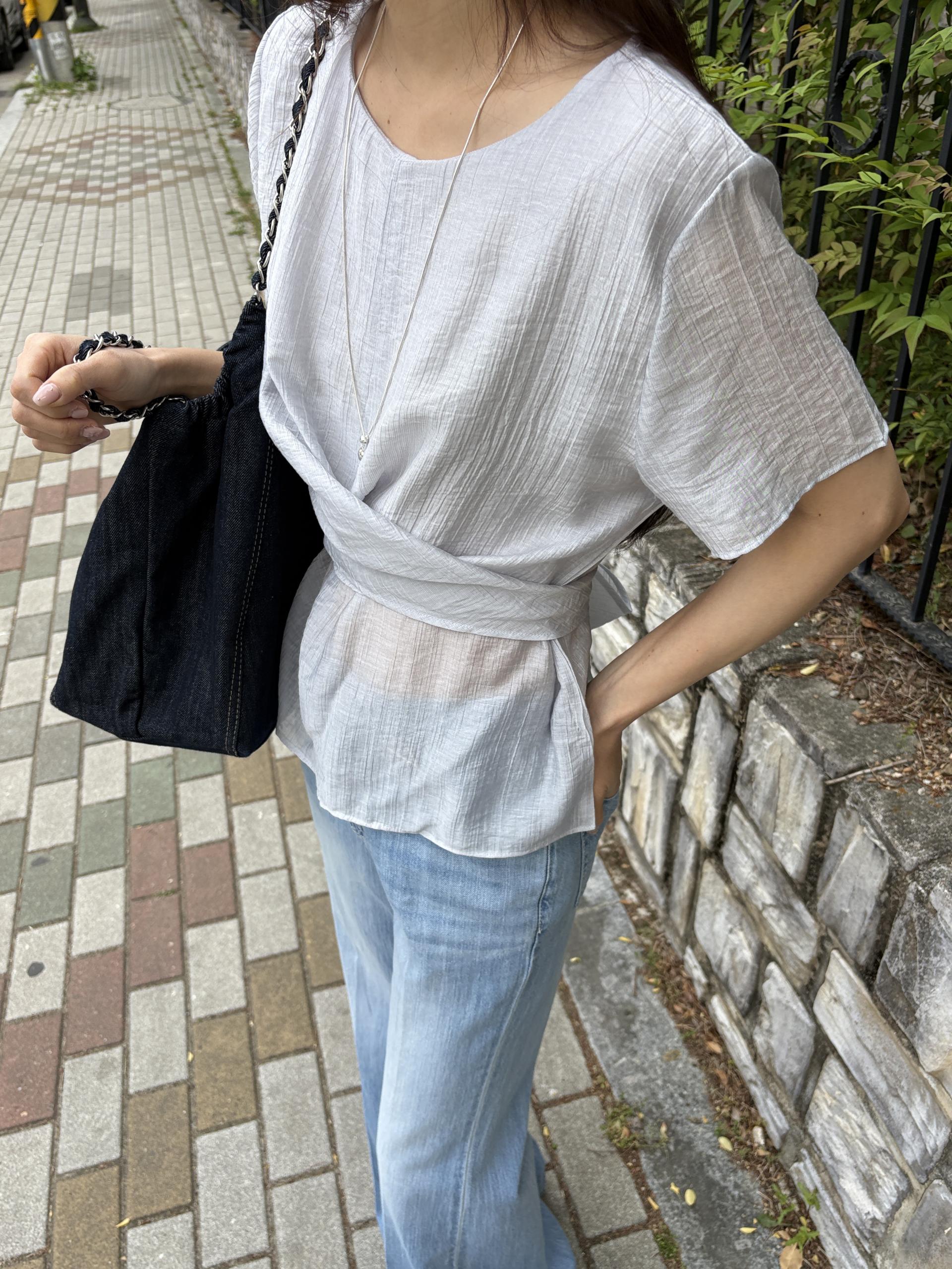 텐셀 파스텔 허리 라인 셔링 랩 꼬임 여름 블라우스 | 4color