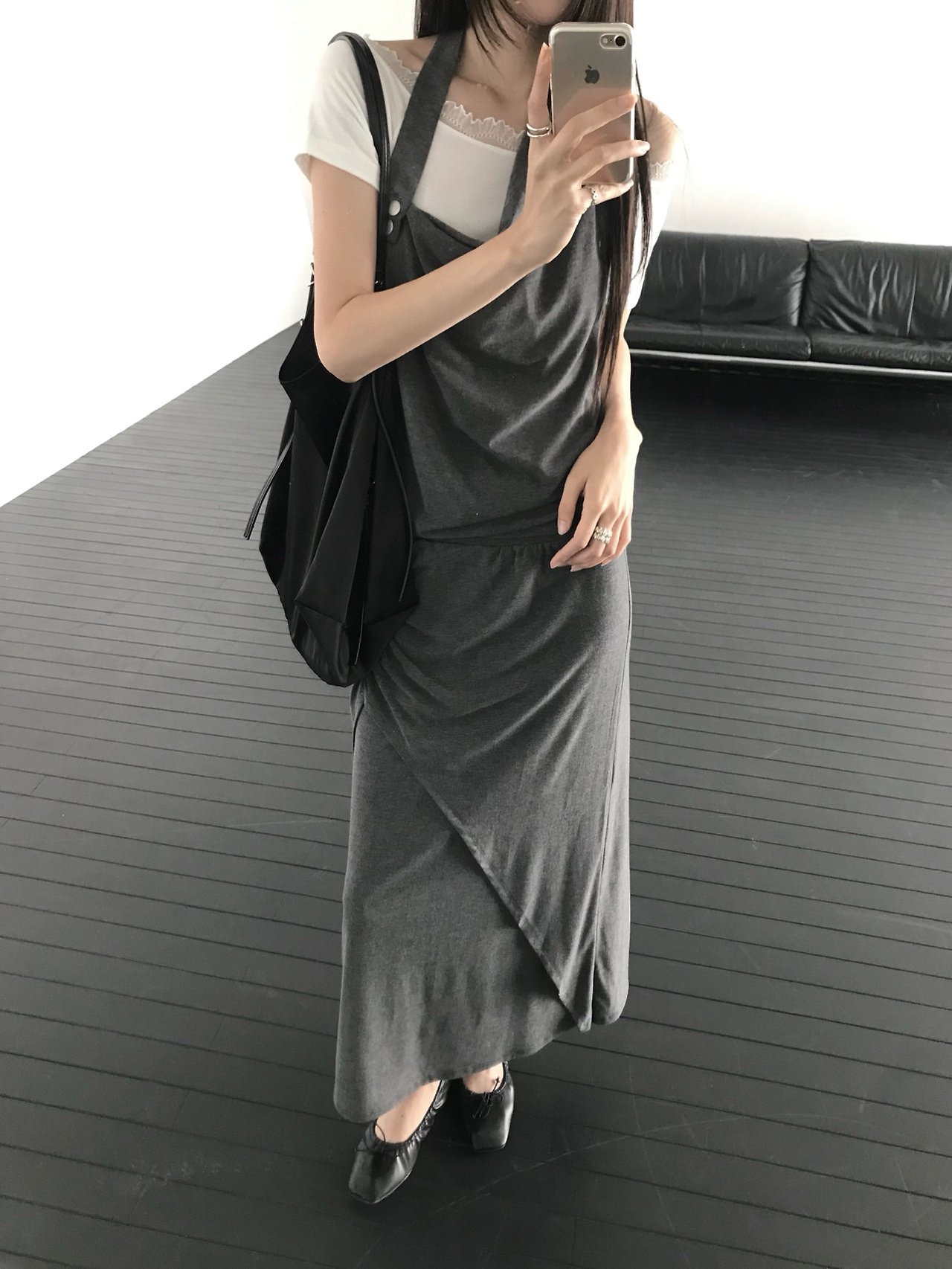 마크 언발란스 셔링 트임 밴딩 여성 여름 레이어드 투피스 맥시 롱 스커트 (그레이, 차콜, 블랙)