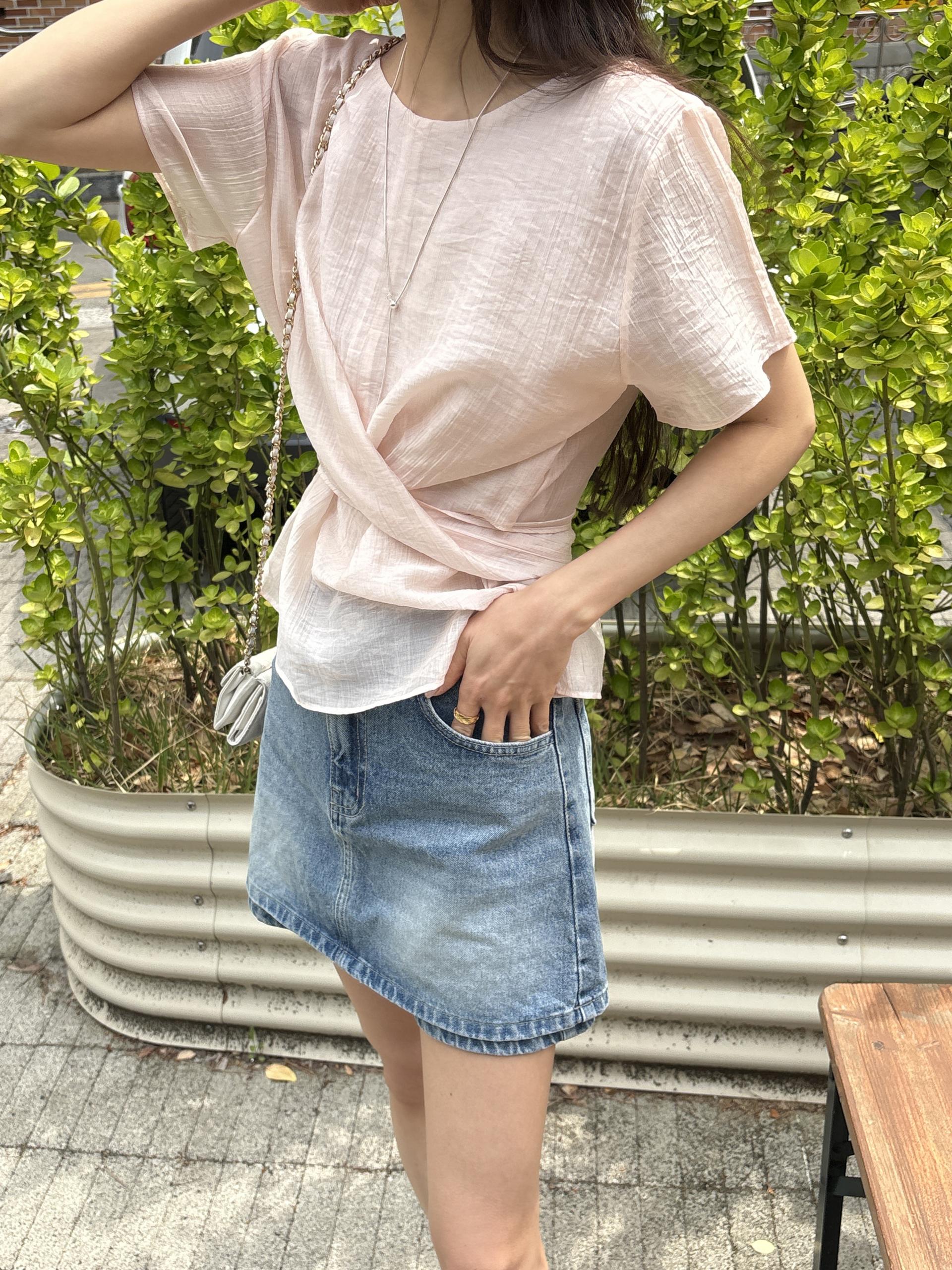 텐셀 파스텔 허리 라인 셔링 랩 꼬임 여름 블라우스 | 4color