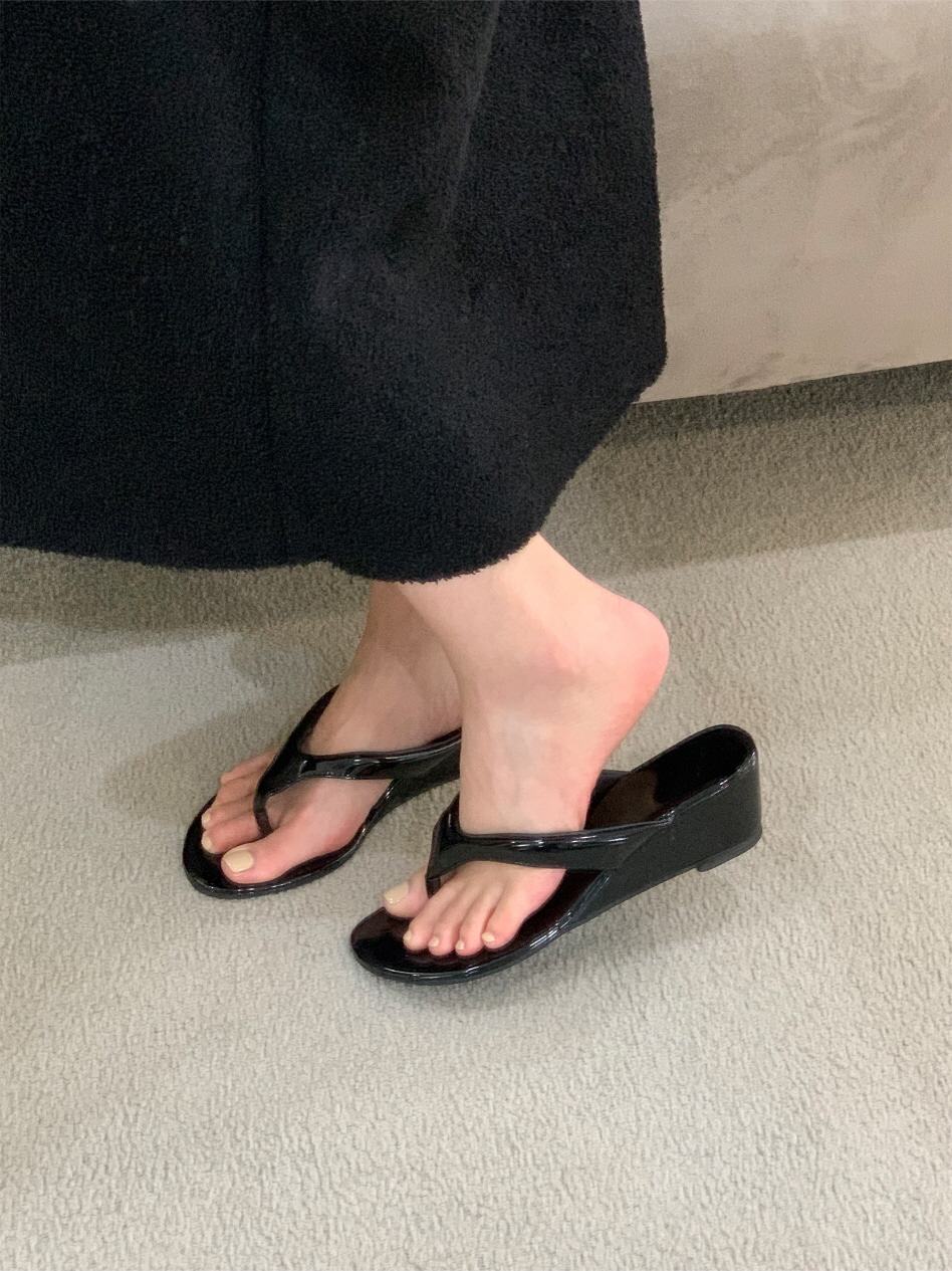 에나멜 레더 쪼리 여성 여름 발편한 키높이 웨지 6cm 미들 샌들 뮬힐 (아이보리, 실버, 블랙)