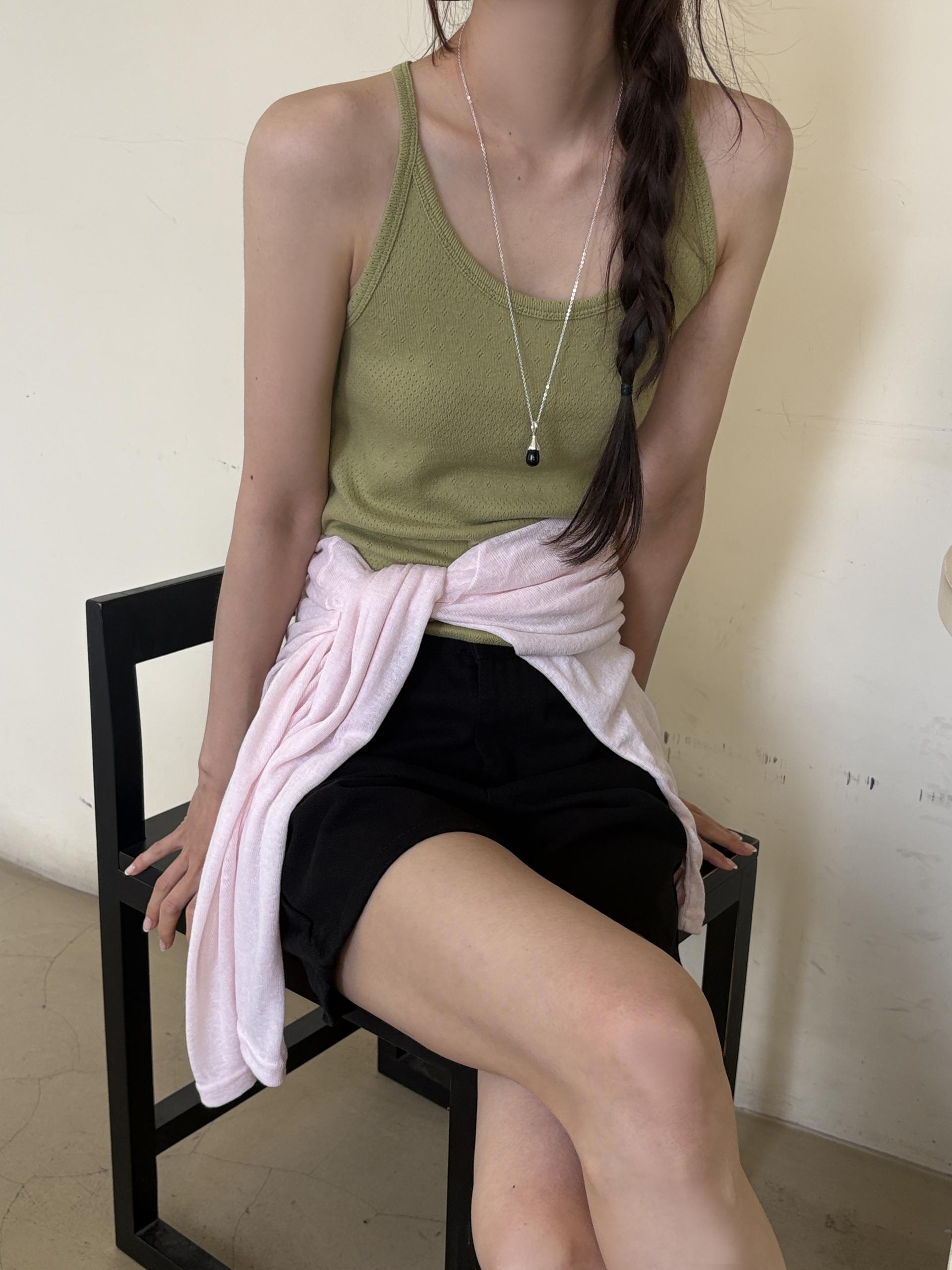 아일렛 펀칭 코튼 레이어드 여름 슬리브리스 티셔츠 | 4color