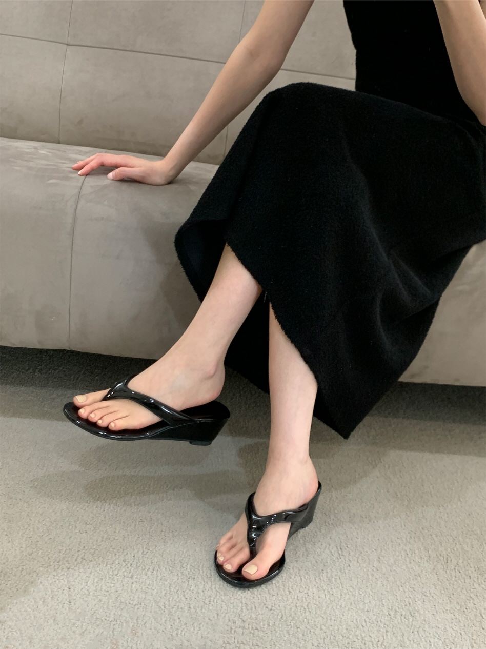 에나멜 레더 쪼리 여성 여름 발편한 키높이 웨지 6cm 미들 샌들 뮬힐 (아이보리, 실버, 블랙)