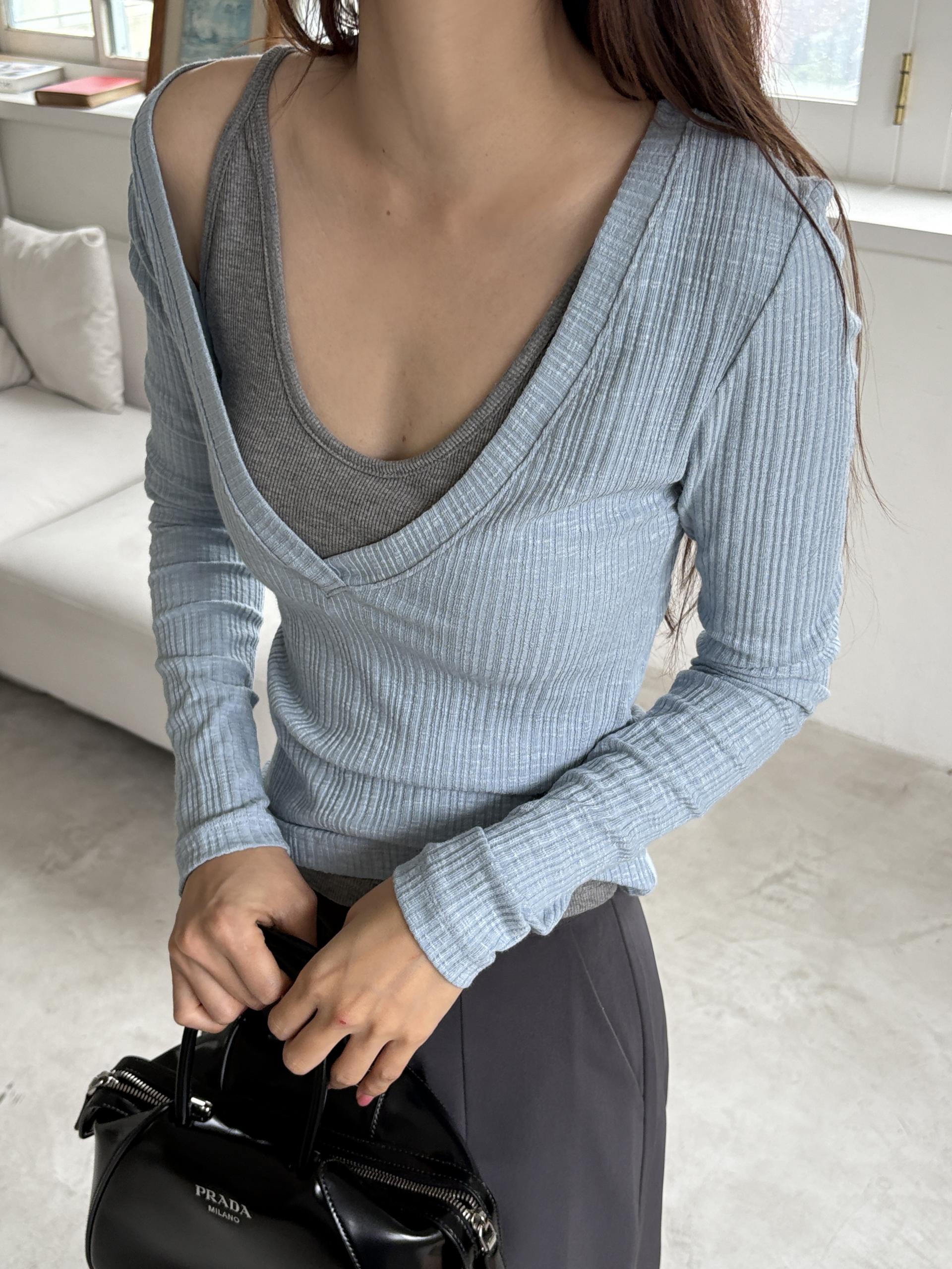 슬림 딥 브이넥 골지 가을 레이어드 긴팔 티셔츠 | 5color