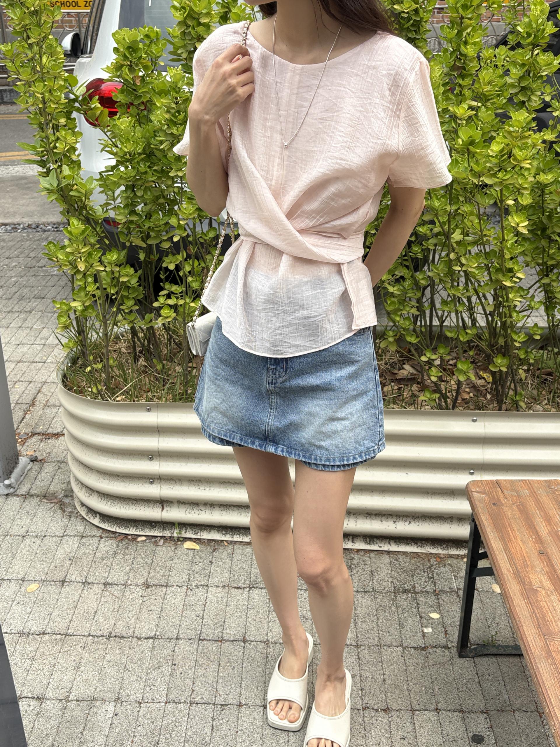 텐셀 파스텔 허리 라인 셔링 랩 꼬임 여름 블라우스 | 4color
