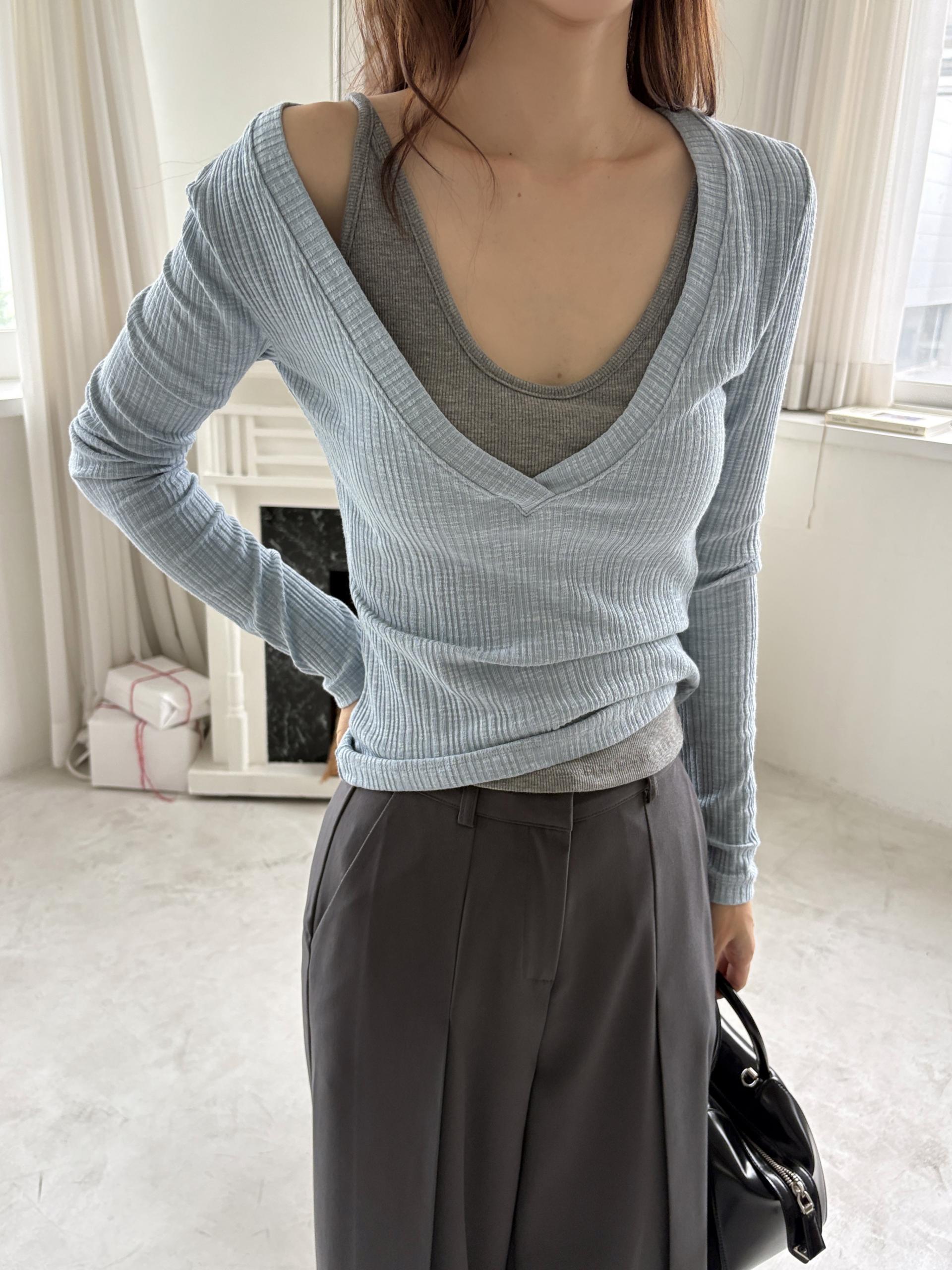 슬림 딥 브이넥 골지 가을 레이어드 긴팔 티셔츠 | 5color
