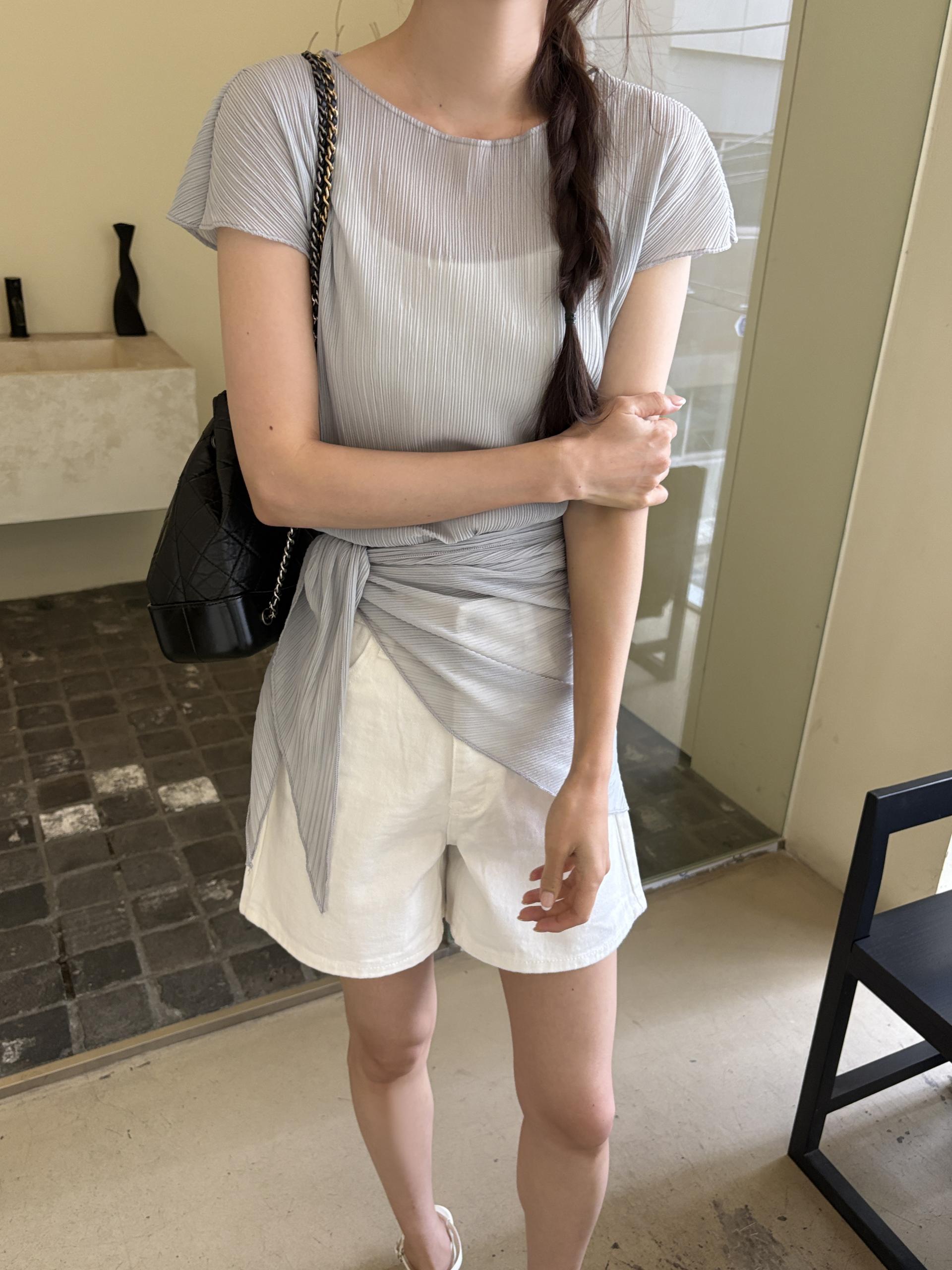 플리츠 스카프 숄 세트 보트넥 여름 캡소매 블라우스 | 4color