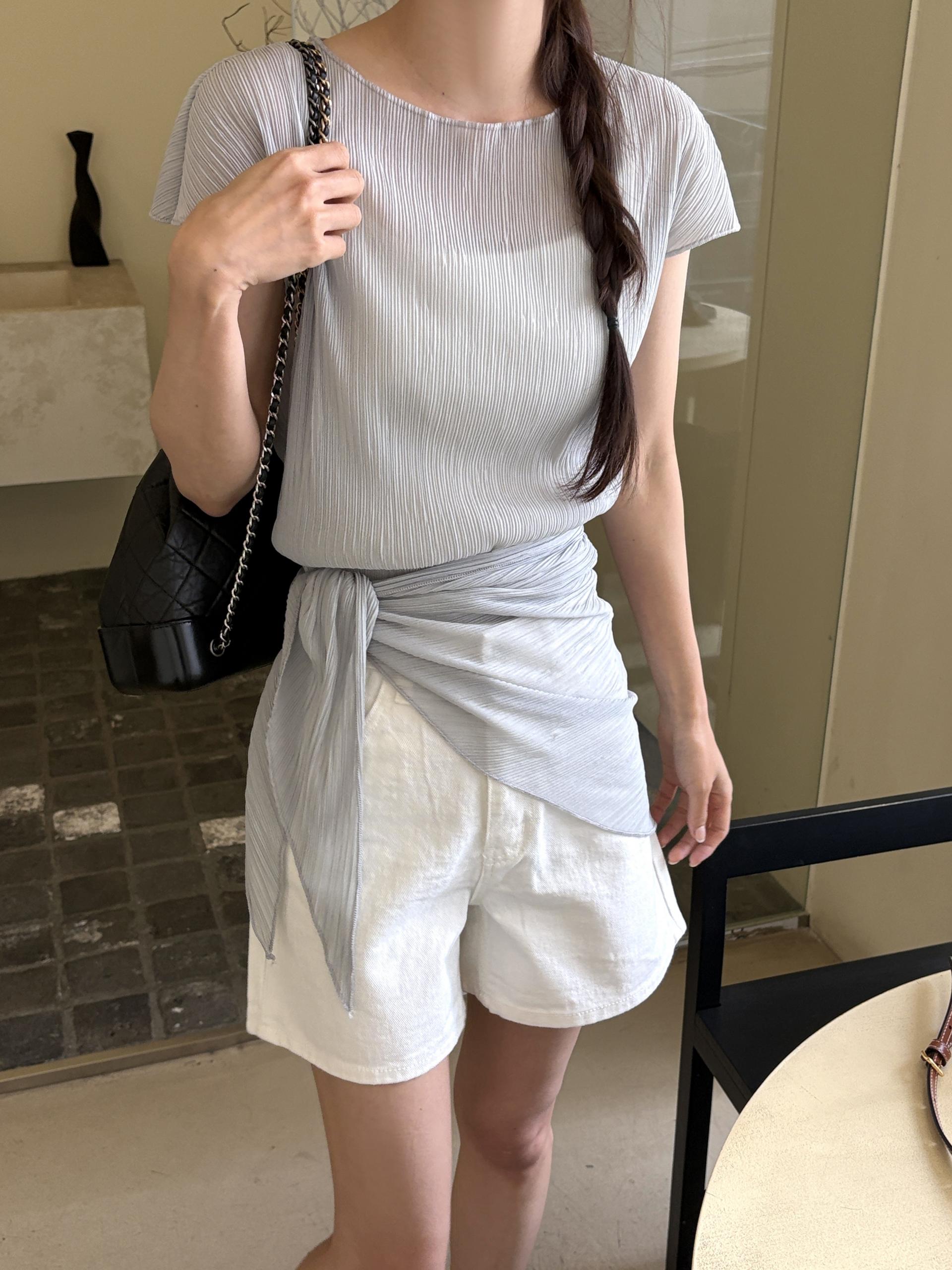 플리츠 스카프 숄 세트 보트넥 여름 캡소매 블라우스 | 4color