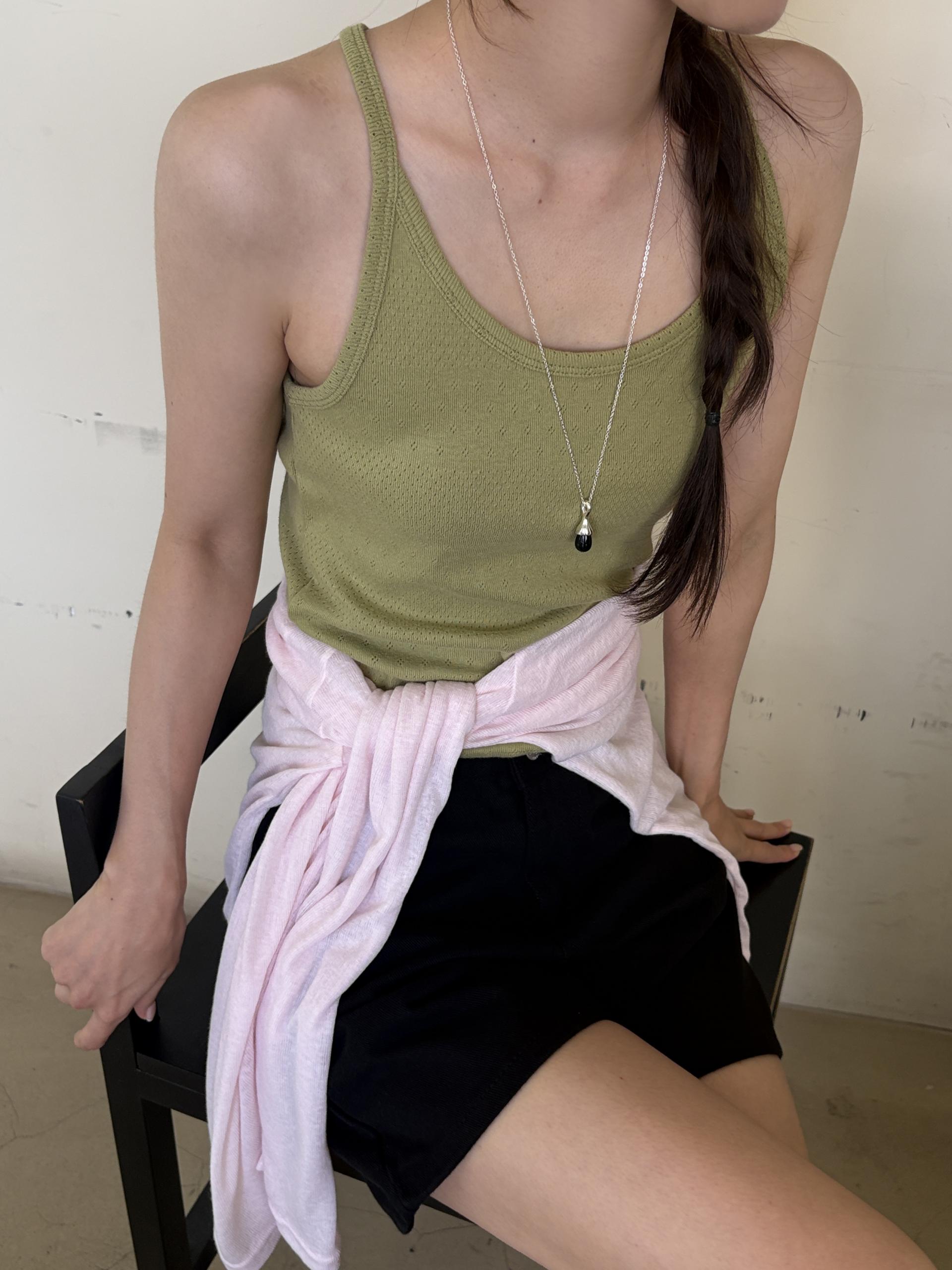 아일렛 펀칭 코튼 레이어드 여름 슬리브리스 티셔츠 | 4color