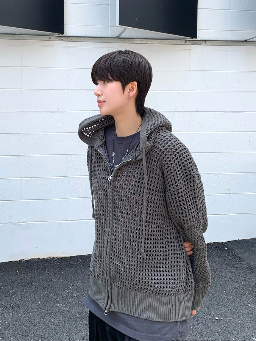 메시 워머 후드 니트 집업 상세 이미지 2