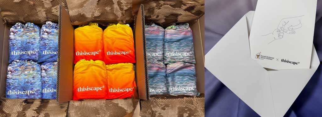 자원봉사자분들을 위해 RMHC 양산하우스로 발송된 디스이스케이프 비치타월 100세트와 메시지카드