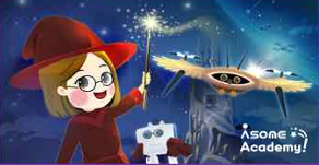 Asome Academy key visual featuring a wizard character and a robot