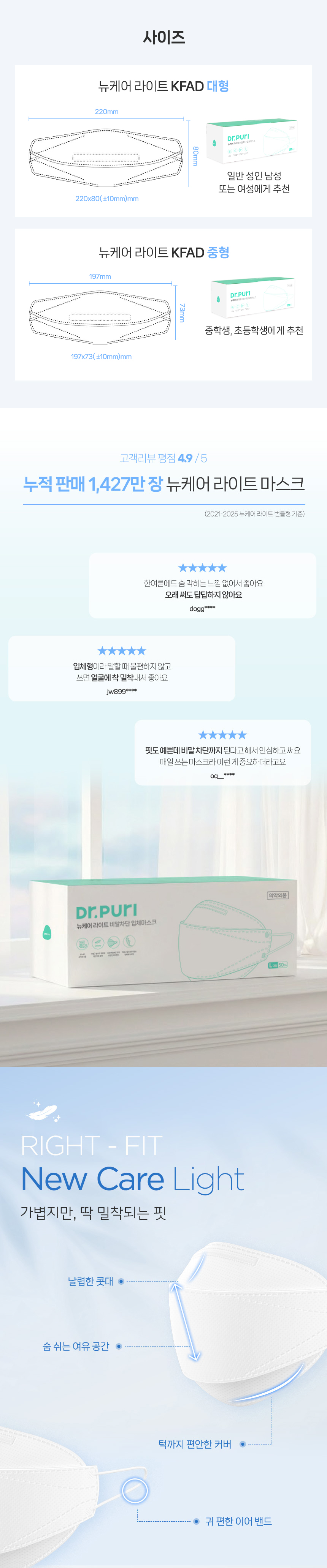 ★대용량특가전★ 닥터퓨리 KFAD 뽑아쓰는 번들형 비말차단 뉴케어 라이트 입체마스크 50매 x 20개 1box (1000매)