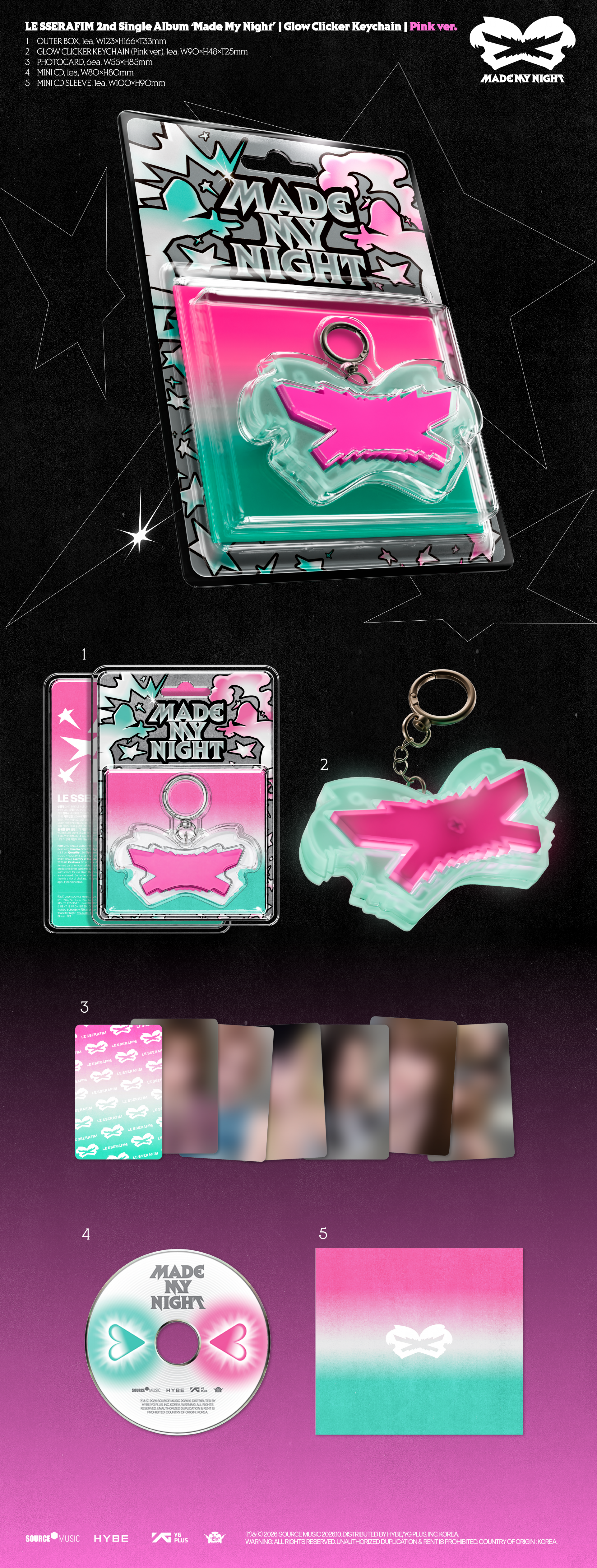 (PRE-ORDER) LE SSERAFIM - 2nd Single Album [Made My Night] (Glow Clicker Keychain Pink ver.)