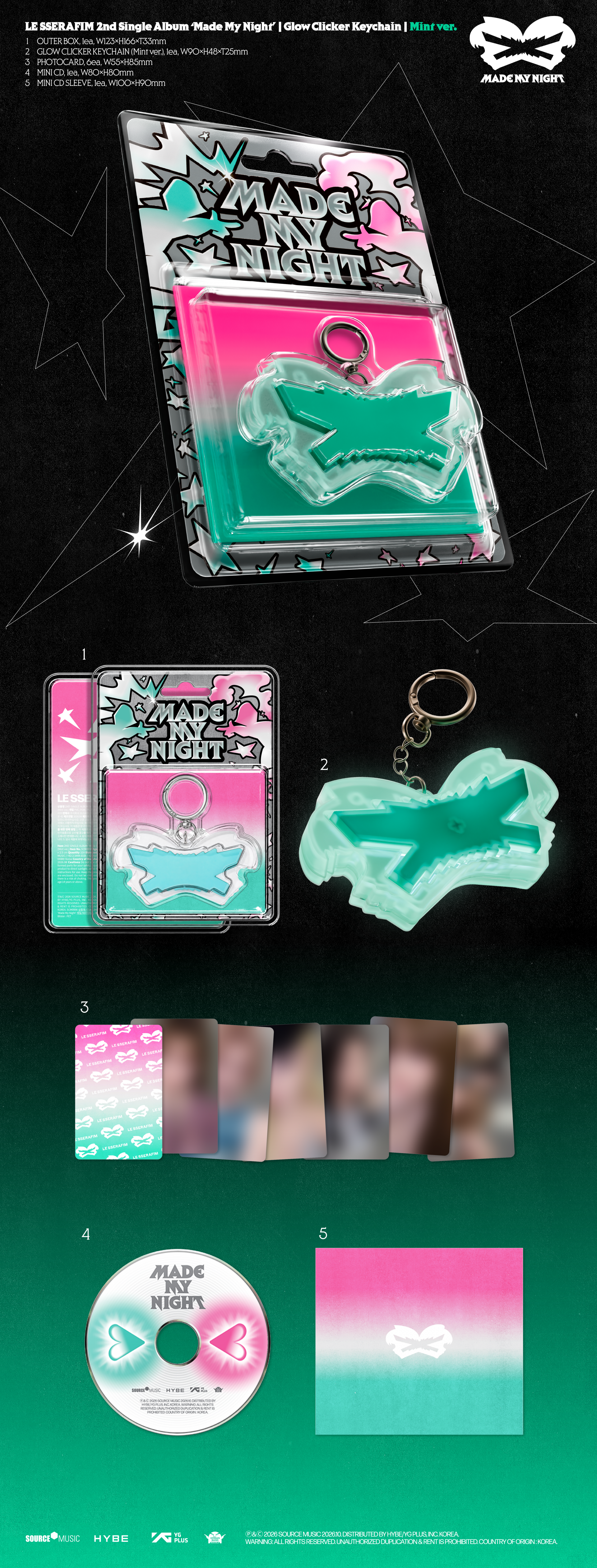 (PRE-ORDER) LE SSERAFIM - 2nd Single Album [Made My Night] (Glow Clicker Keychain Mint ver.)