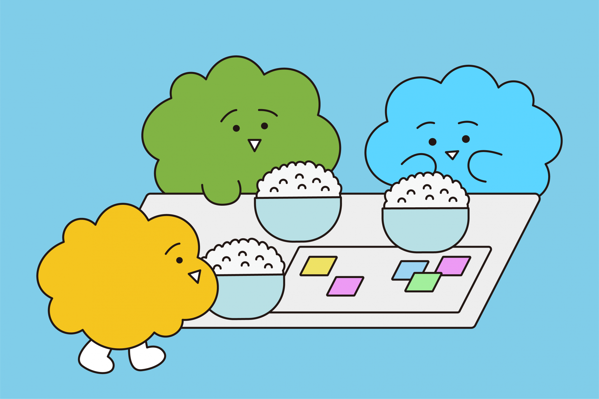 색구름들이 옹기종기 모여 앉아 밥을 먹으며 대화하는 모습을 담은 그림