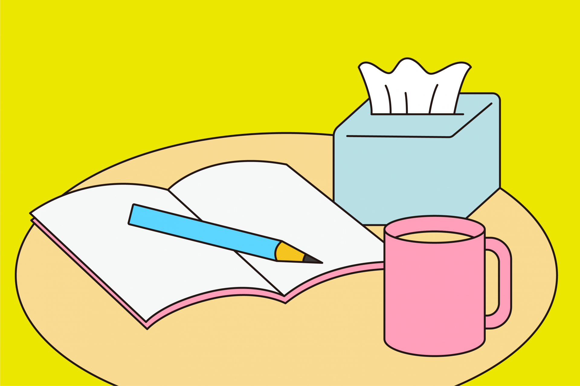 원형 테이블 위에 노트와 필기구, 머그컵, 티슈가 올려져있는 그림