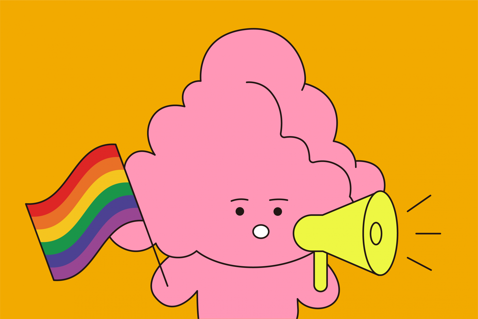 큐르미가 무지개깃발과 확성기를 들고 무언가 말하는 모습을 담은 그림