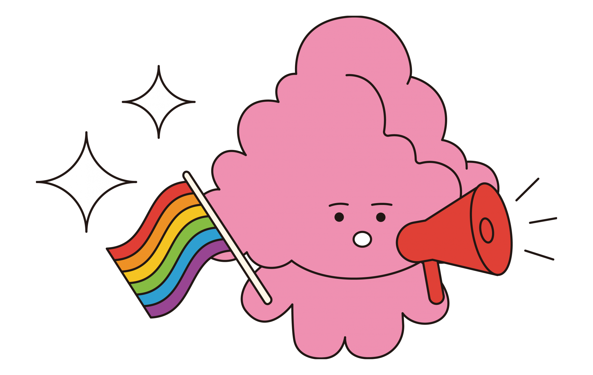 무지개 깃발과 확성기를 들고 발언을 하고 있는 큐르미