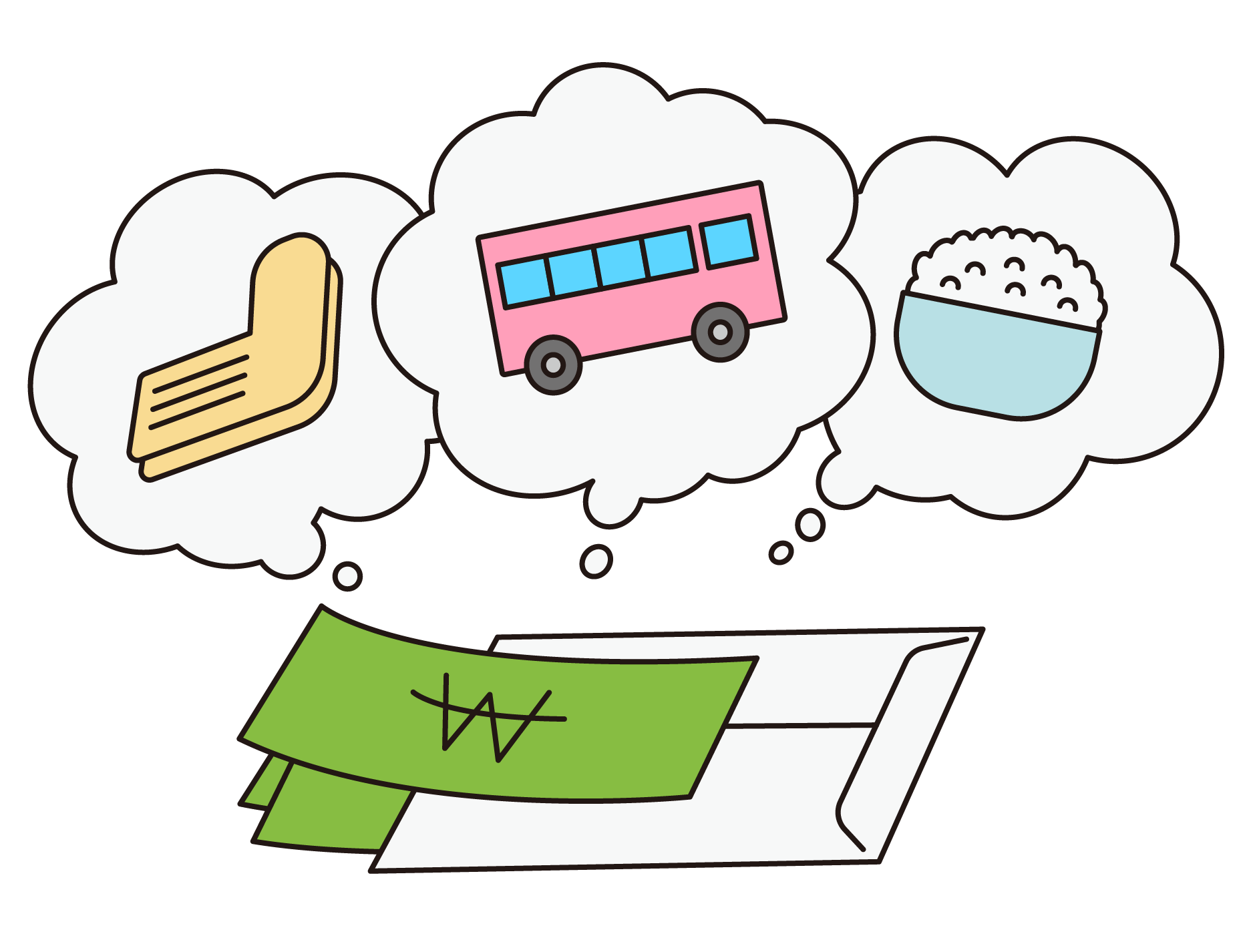 Icons of daily necessities, transport, and food above an envelope of money.