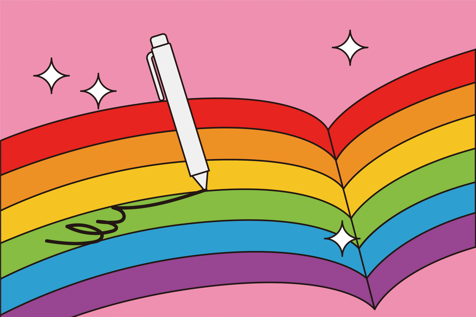 책을 펼쳐놓은 모습과 닮은 무지개 위에 펜으로 글이 써지는듯한 모습을 담은 그림.