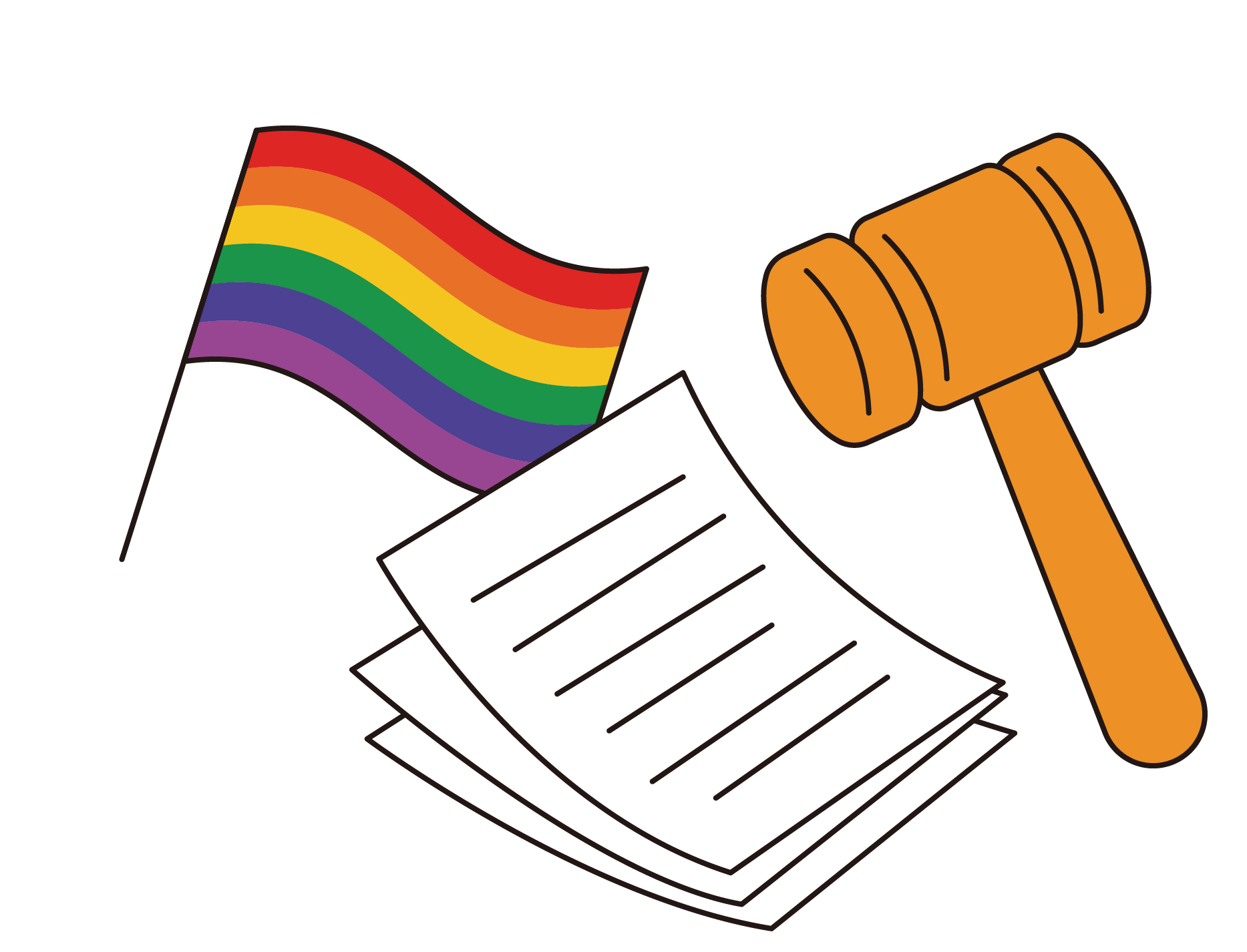 An illustration symbolizing legal support with a rainbow flag, documents, and gavel.