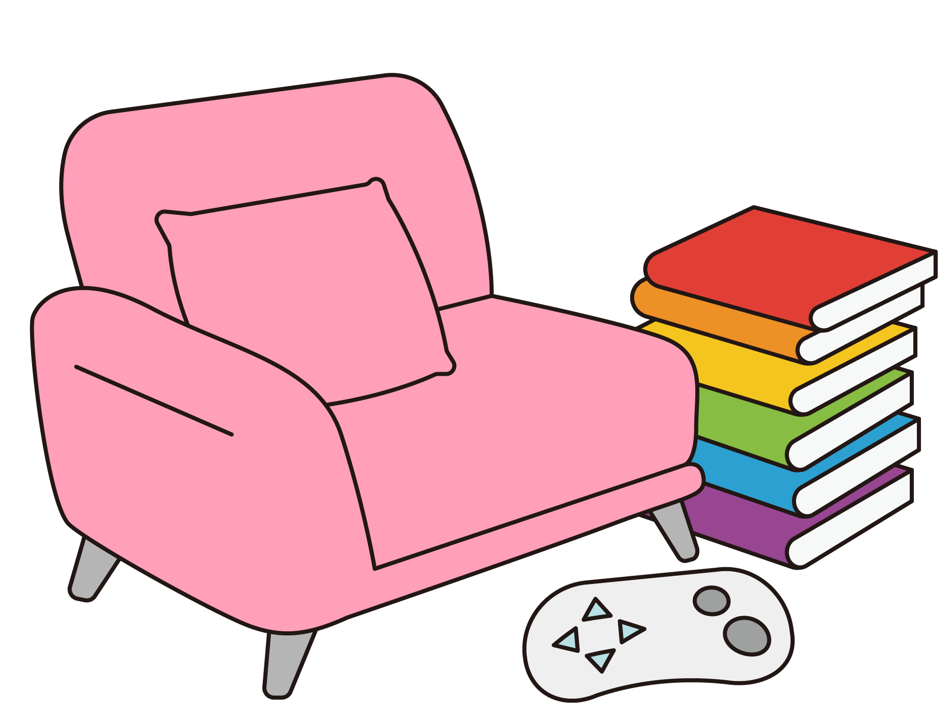 A sofa, rainbow-colored books, and a game console.