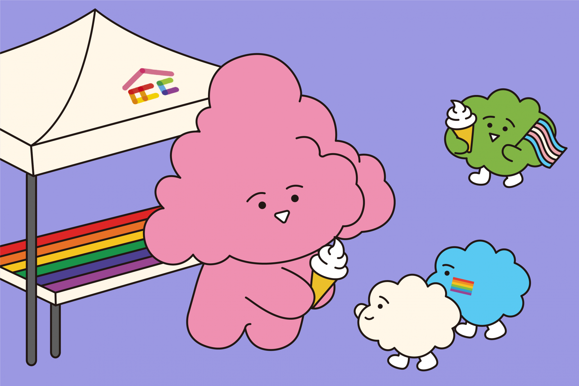 띵동 로고가 있는 부스에서 큐르미가 색구름들에게 소프트 아이스크림을 나눠주는 모습의 일러스트