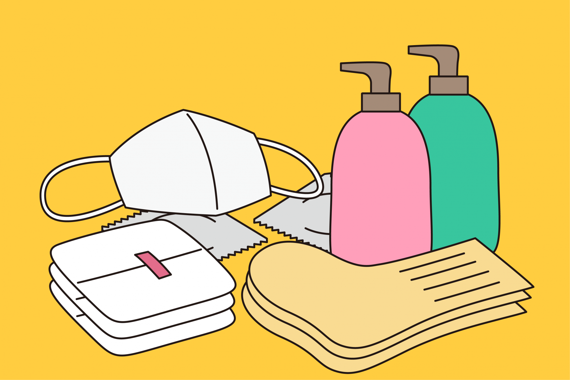 마스크, 생리대, 양말, 샴푸, 콘돔 등 생필품 그림