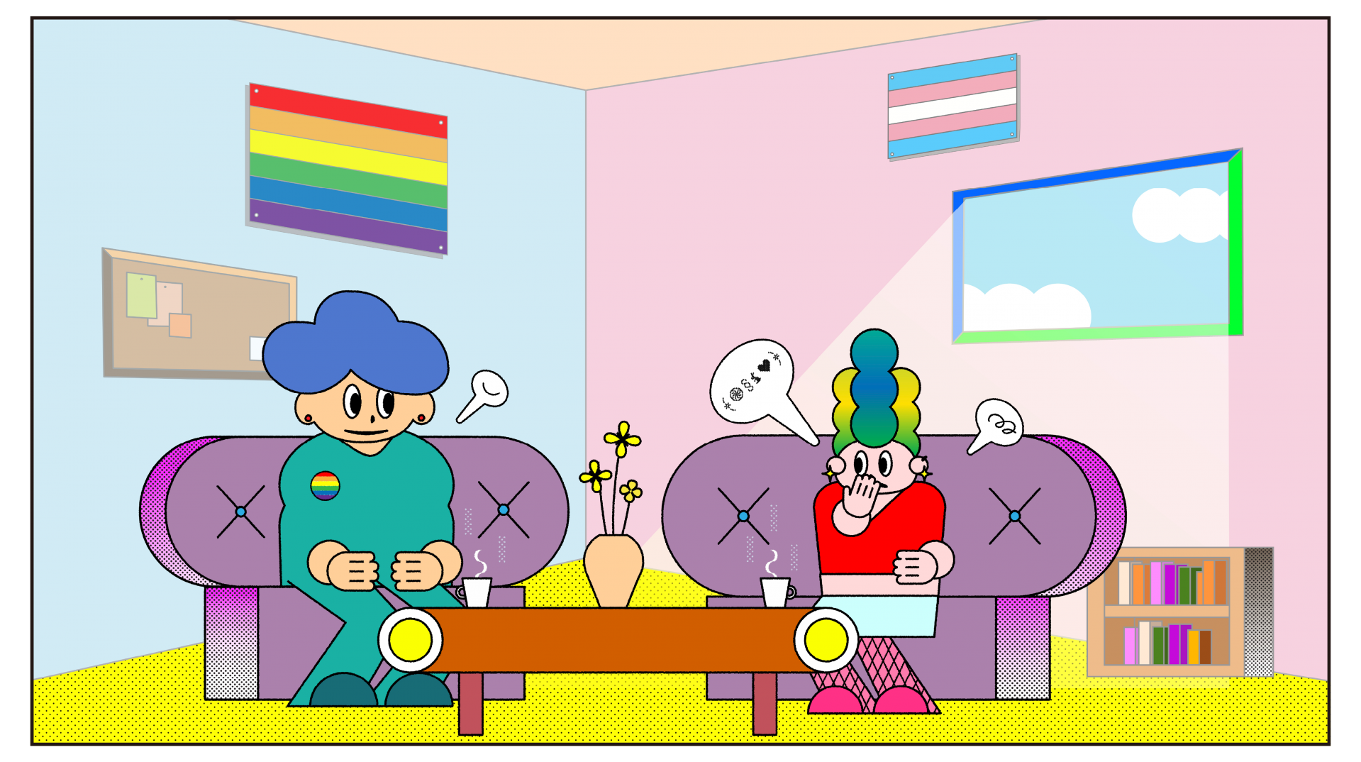 무지개 깃발과 트랜스플래그가 걸린 밝은 상담실에서 상담자와 내담자가 상담을 하는 일러스트