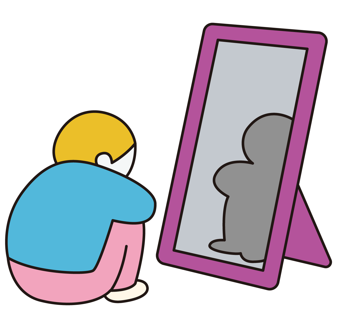 A person crouching in front of a mirror, lost in thought.