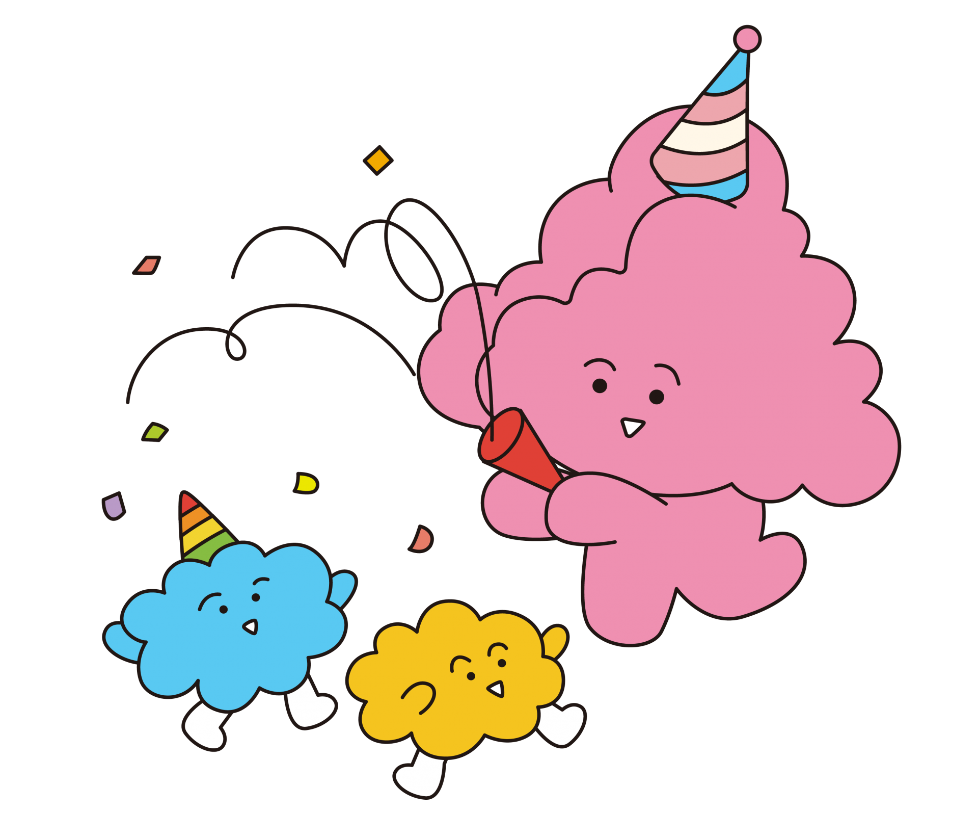 색구름들과 즐거운 모습으로 파티를 하고 있는 큐르미