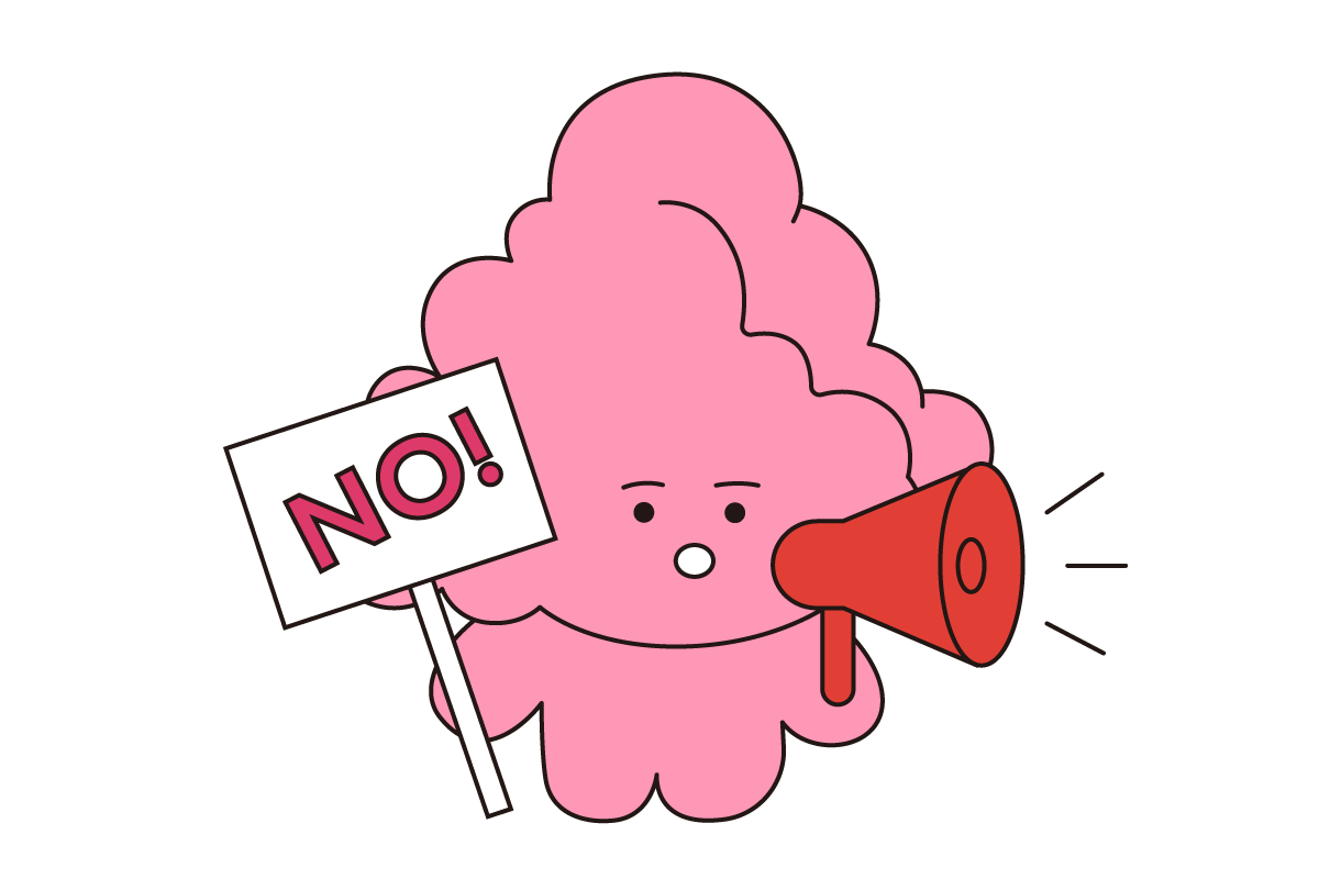 NO!가 적힌 팻말과 확성기를 들고 청소년 성소수자 자살 방지 대책을 요구하는 시위중인 띵동 캐릭터 큐르미의 모습