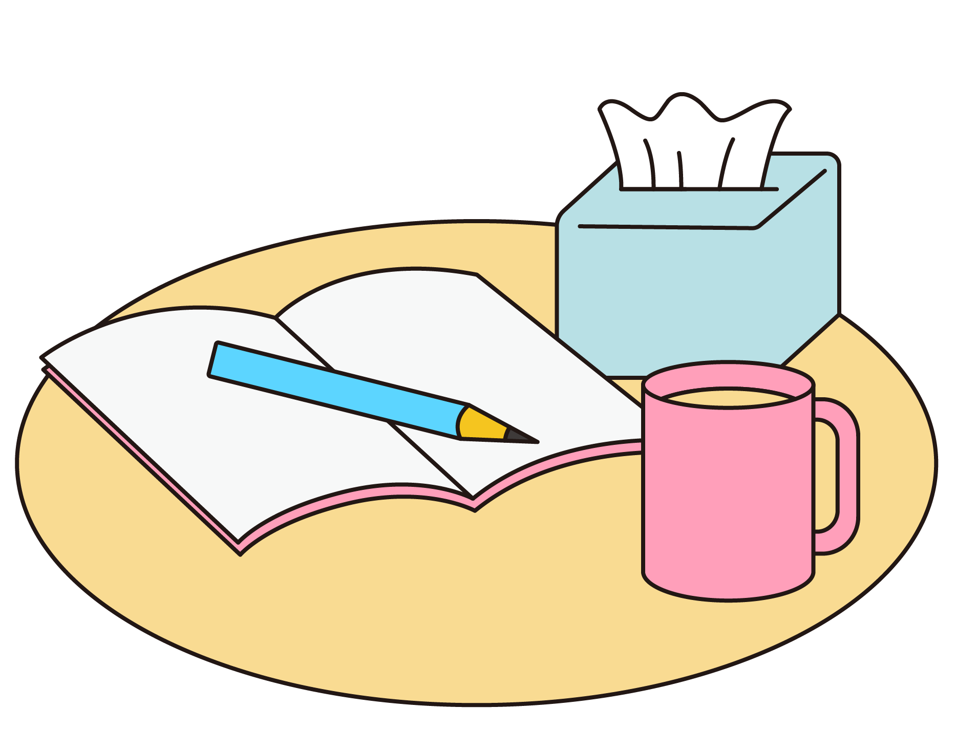 A counseling table with notebook, pencil, water glass, and tissues.