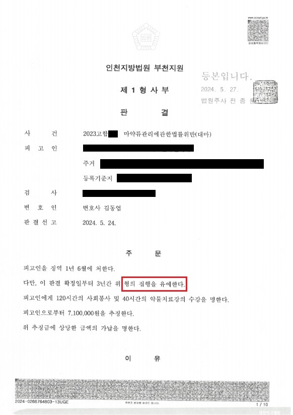 대마 흡입 사건 집행유예