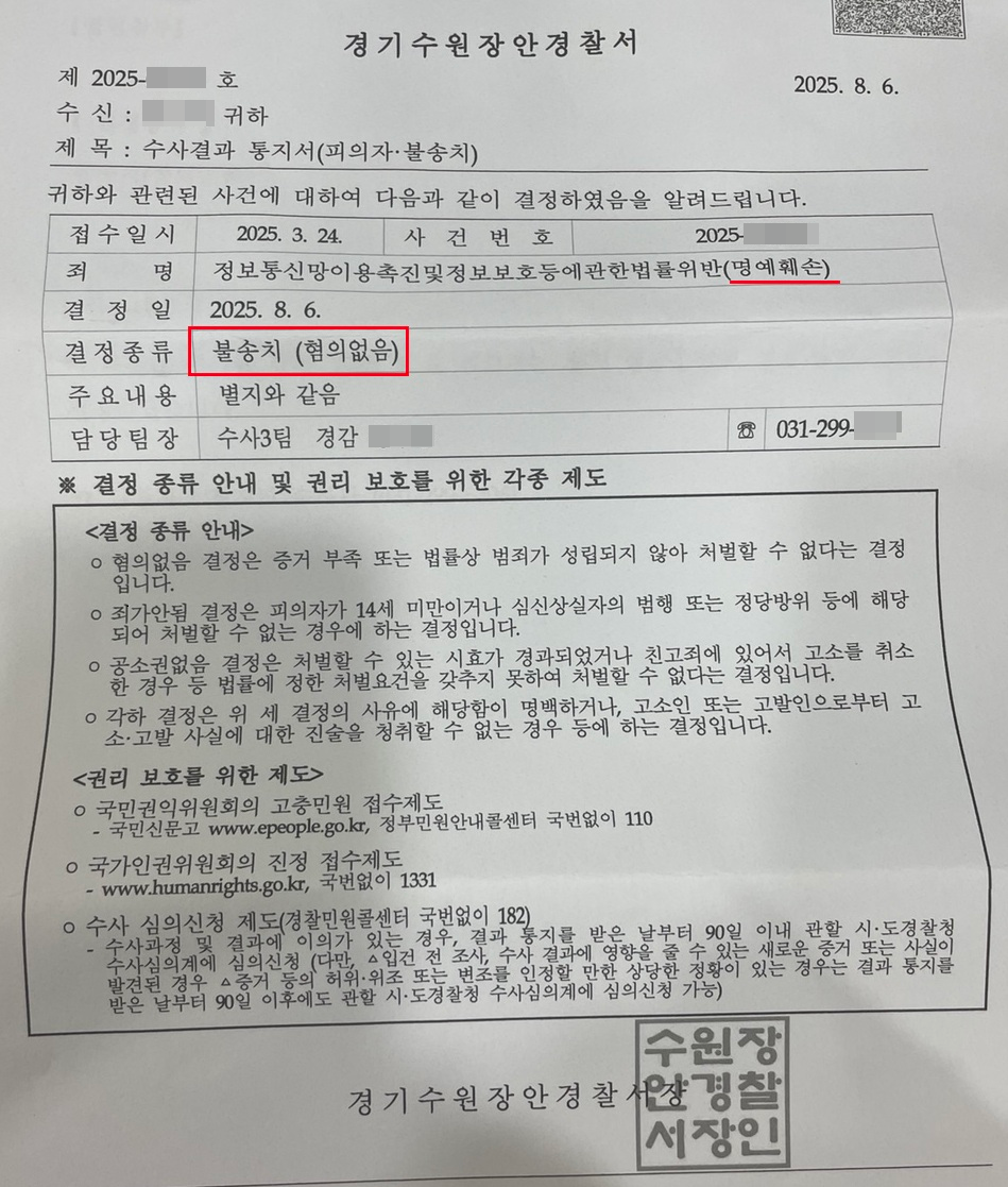 명예훼손 혐의없음